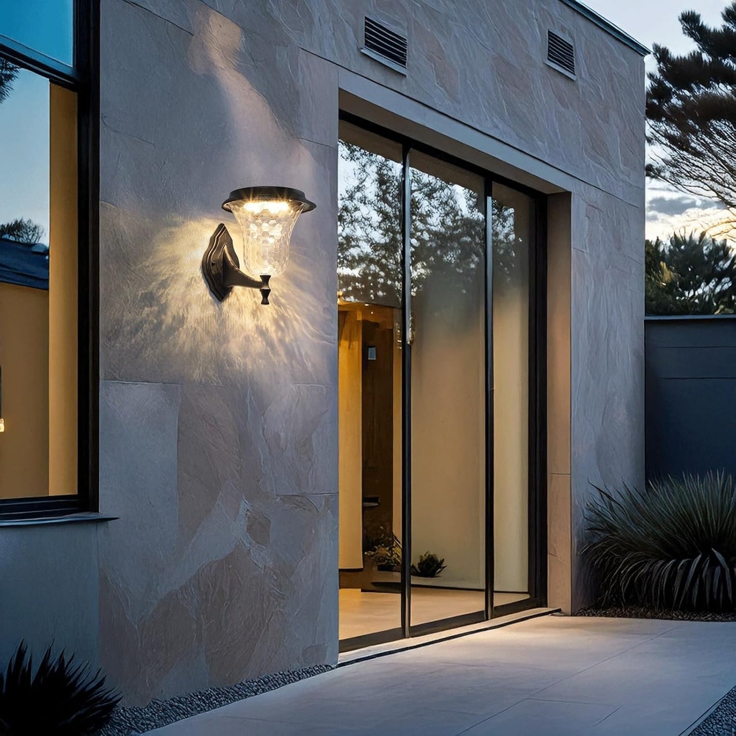 Solar Wall Sconce, Exterior Wall Light, Wall Lamp, LED Aluminum with PC Shade, Remote Dusk to Dawn Waterproof Lantern for Porch Patio Garden Entryway Villa Yard Facade Gate Cottage