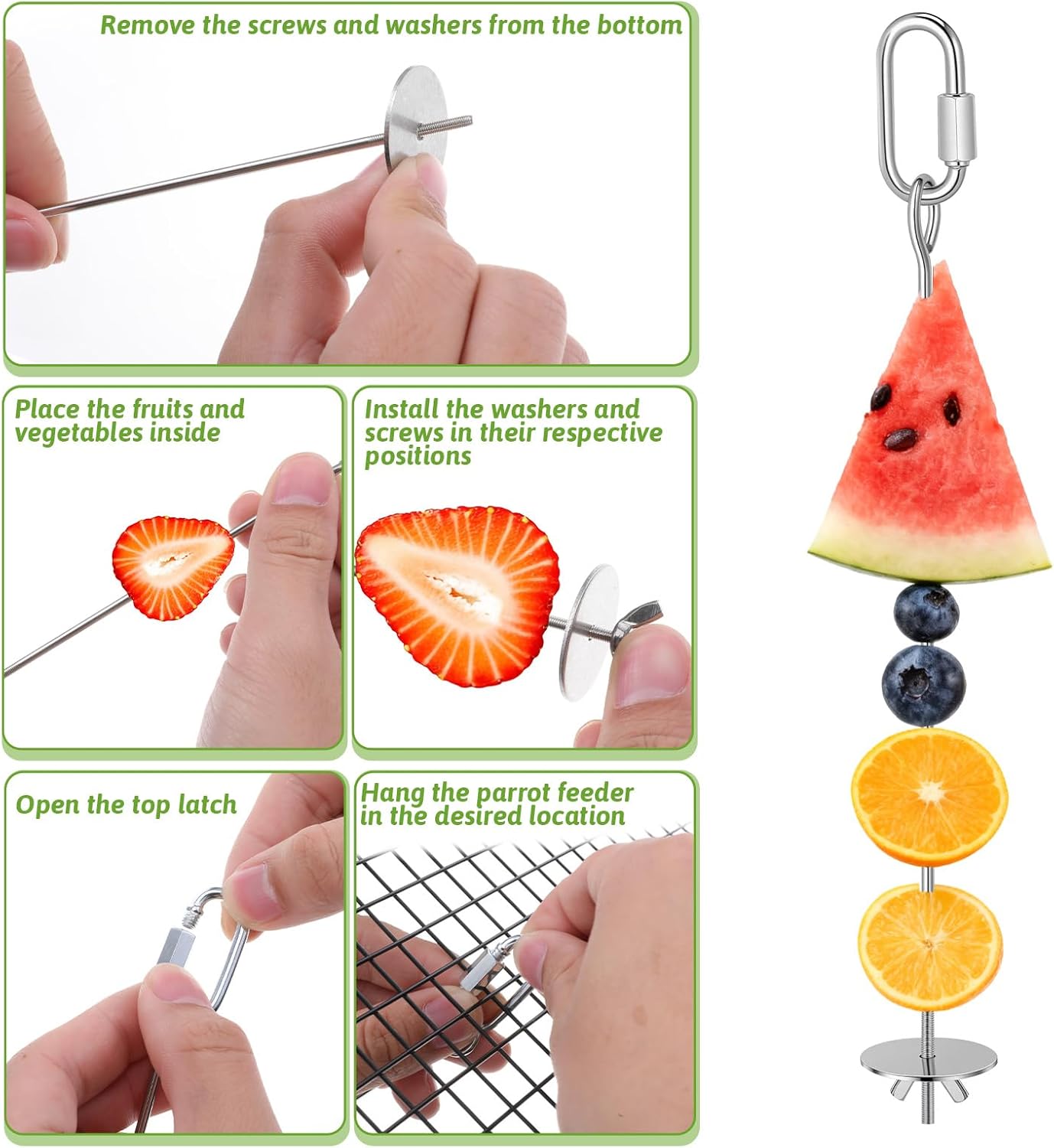 Bird Cage Food Holder, 3 Pcs Bird Treats Skewer Stainless Steel Parrot Foraging Toys Hanging Fruit Vegetable Feeder for Macaw Parakeet Budgie (3 Sizes)