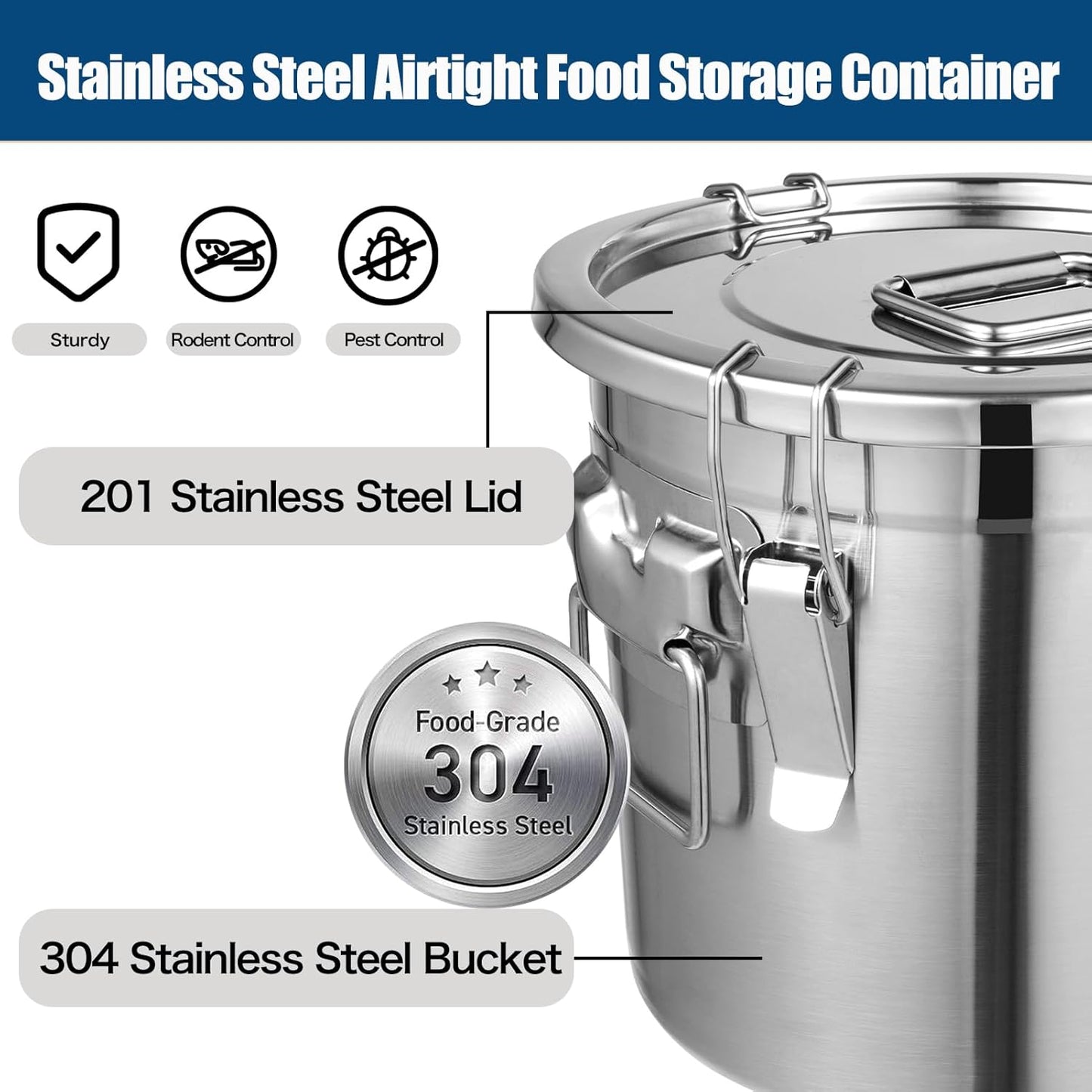 20 Lbs Stainless Steel Dog Food Storage Containers with Airtight Lid and Locking Clamp, Large Metal Dog Food Bin, Pet Food Storage Container for Dogs, Cats & Birds, Keep Fresh