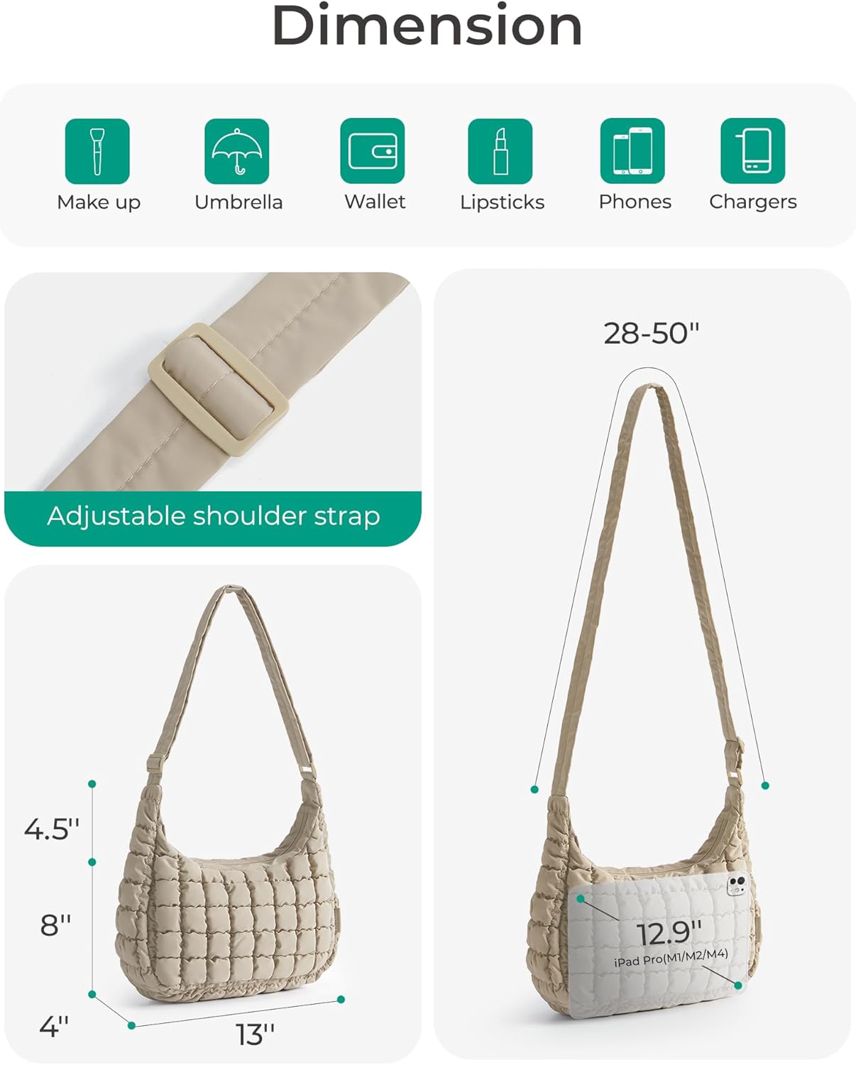 BAGSMART Crossbody Hobo Bag for Women with Adjustable Strap, Quilted P