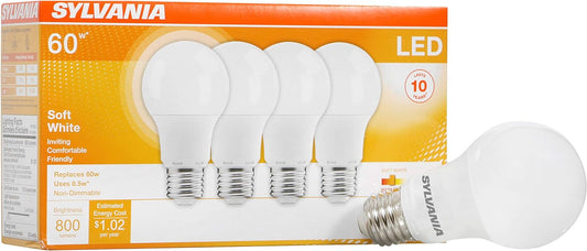 Sylvania LED Light Bulb, 60W Equivalent A19, Efficient 8.5W, Medium Base, Frosted Finish, 800 Lumens, Soft White - 4 Pack (73888)