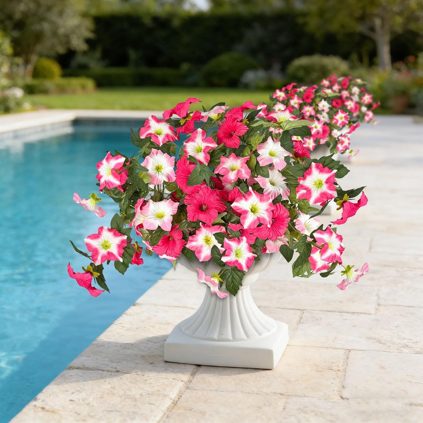 ICX 2PCS Faux Petunias Silk Flower UV Resistant, Artificial Outdoor Flowers, Realistic Artificial Flowers for Outdoors, Pot, Front Door, Porch, Yard, Patio, Window Box, Hanging Basket (Rosy Red