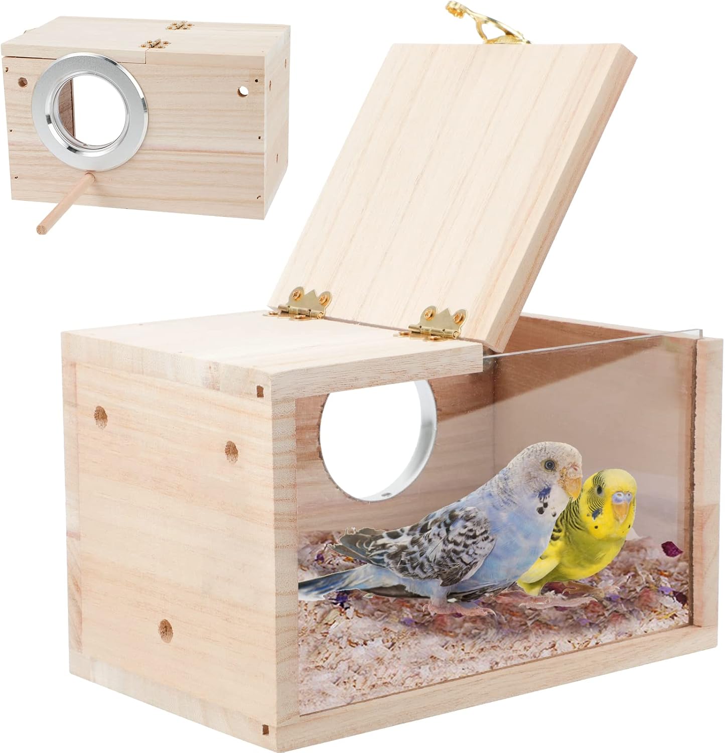 Parakeet Nesting Box Transparent Bird House for Cage Natural Wood Bree