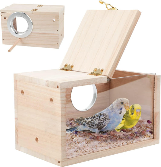Parakeet Nesting Box Transparent Bird House for Cage Natural Wood Bree