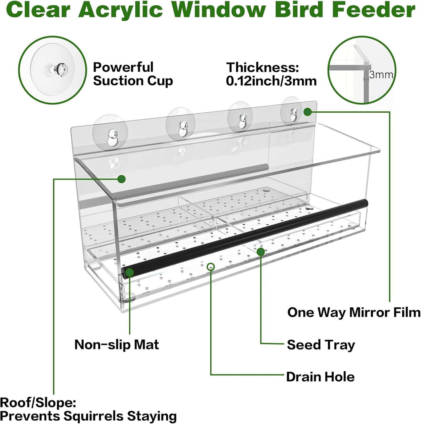 One Way Window Bird Feeder for Outside with 4 Strong Suction Cups, Cle