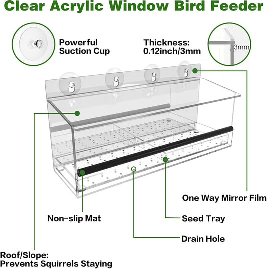 One Way Window Bird Feeder for Outside with 4 Strong Suction Cups, Cle