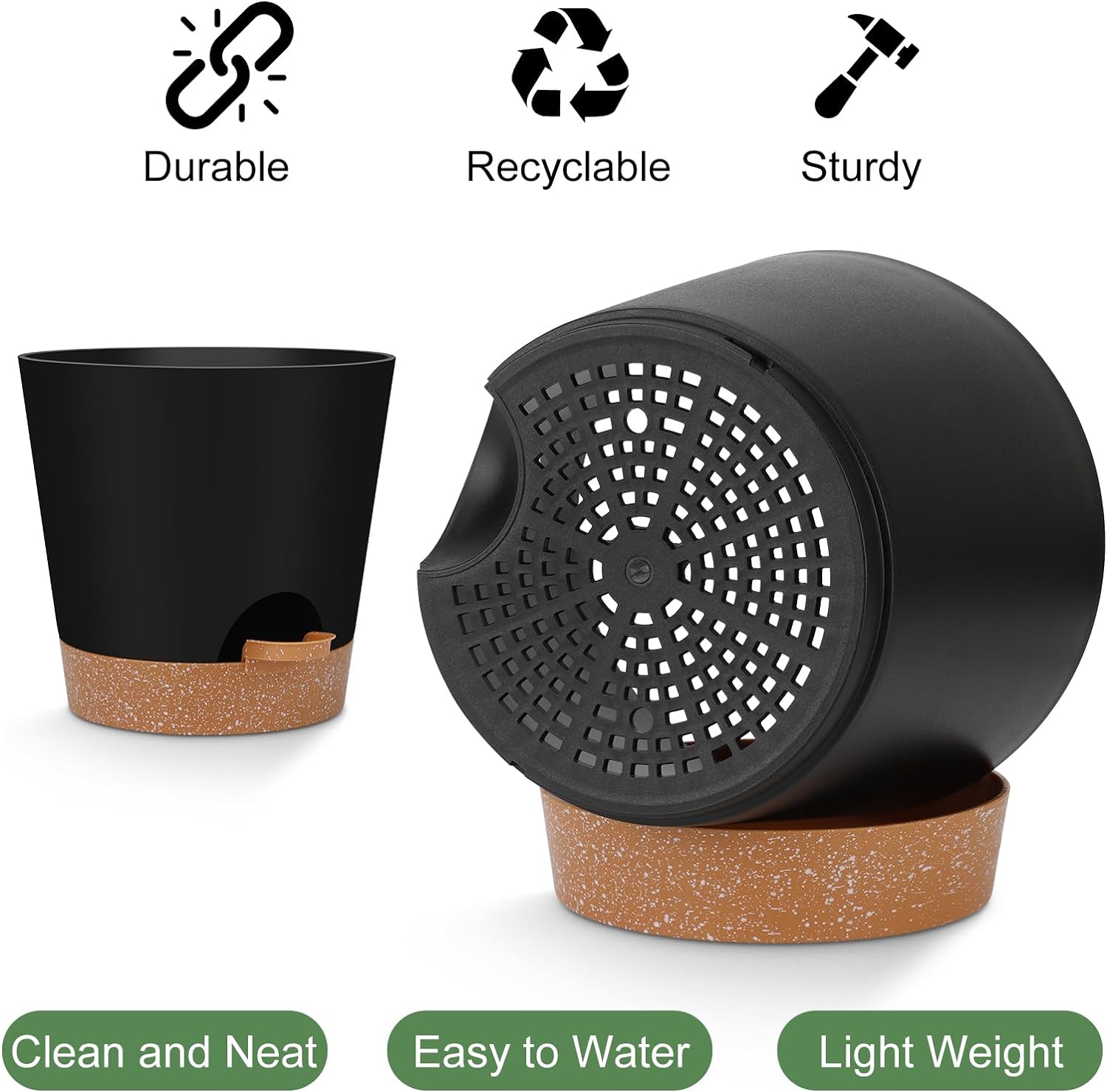 Indoor Self Watering Planters with Drainage Holes and Saucers, 8, 7, 6