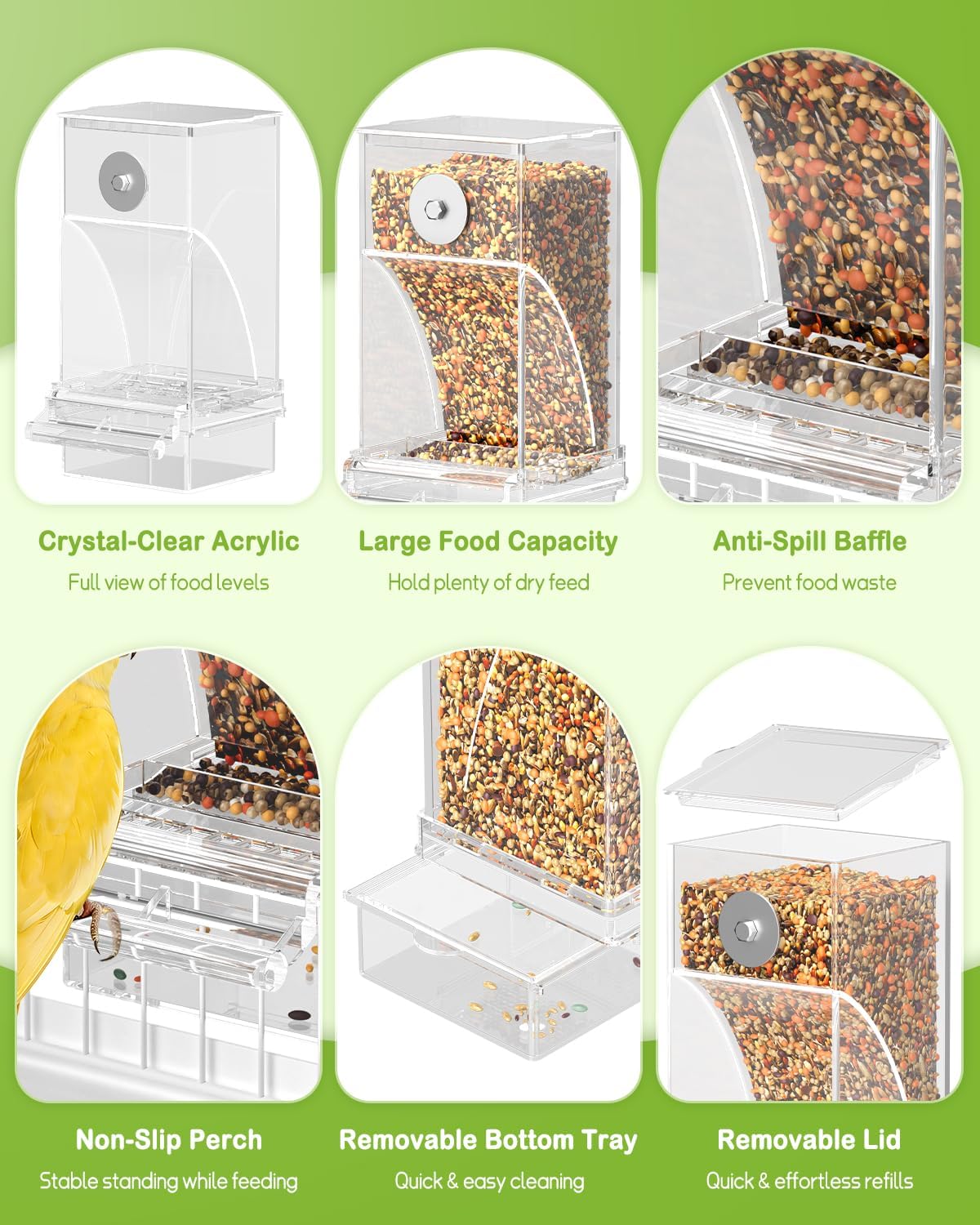Pawfly Automatic Bird Feeder, Bird Feeder for Cage, No Mess Bird Feeder, Clear Acrylic Bird Cage Feeder, Parrot Feeder for Parakeet, Cockatiel, Budgie & Small Birds
