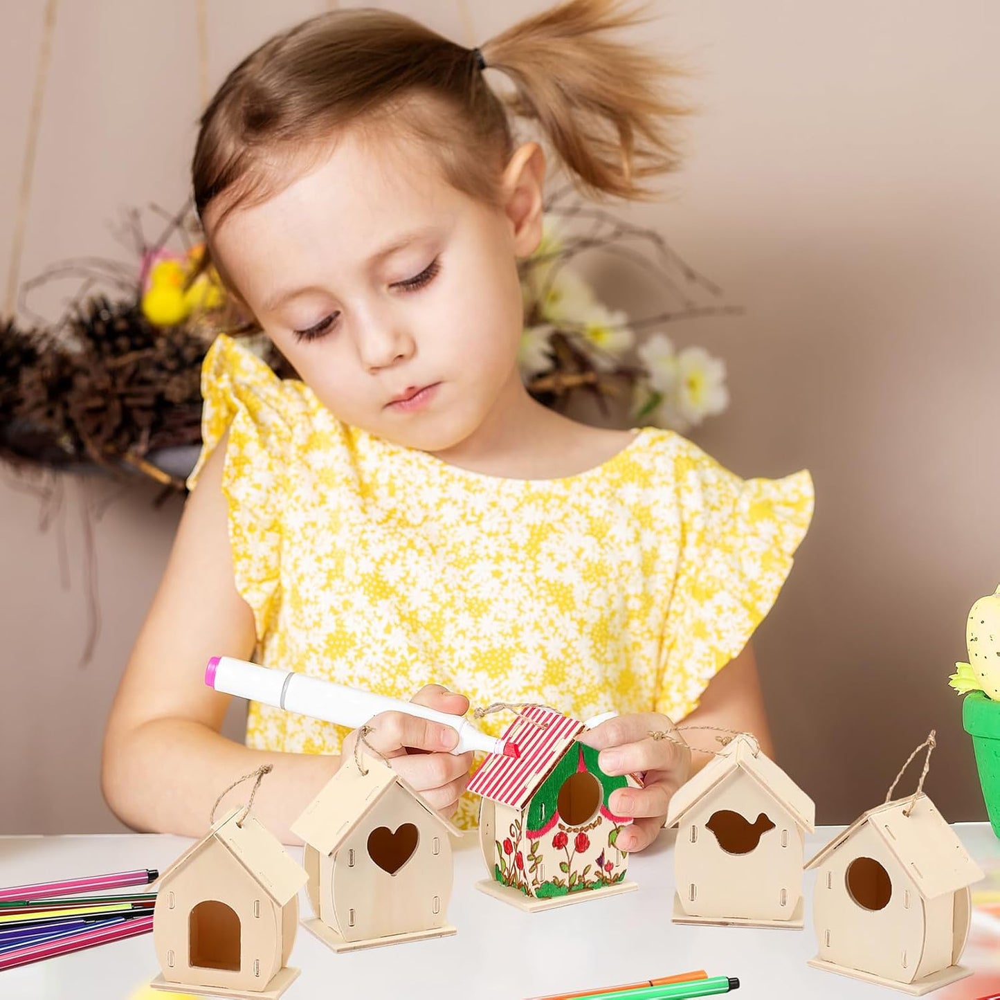 Outus 12 Pcs Wooden Birdhouse Craft Kits to Build, 4 Shapes Wooden Unfinished Bird House with Butterfly Sticker for and Arts Crafts Bulk Painting Kits(Lovely Style,3.6×4 Inch)