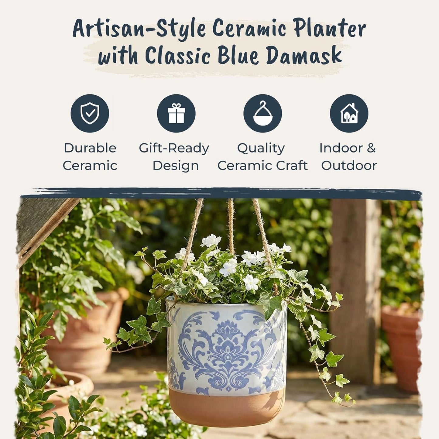 Blue Sky Clayworks 5" Hanging Chantel Blue Planter, Ceramic, 6" x 6" x 5", Soft Blue Damask & Clay Foot