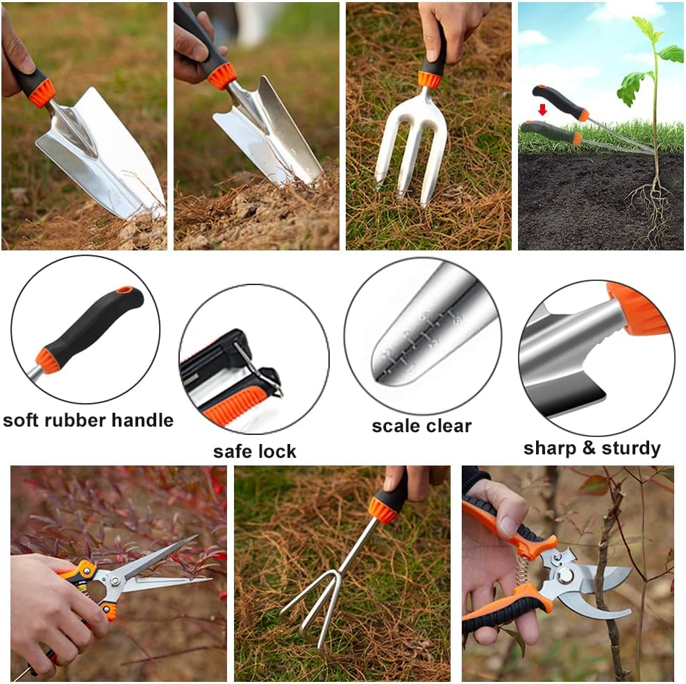 Garden Tool Set,10 PCS Stainless Steel Heavy Duty Gardening Tool Set w
