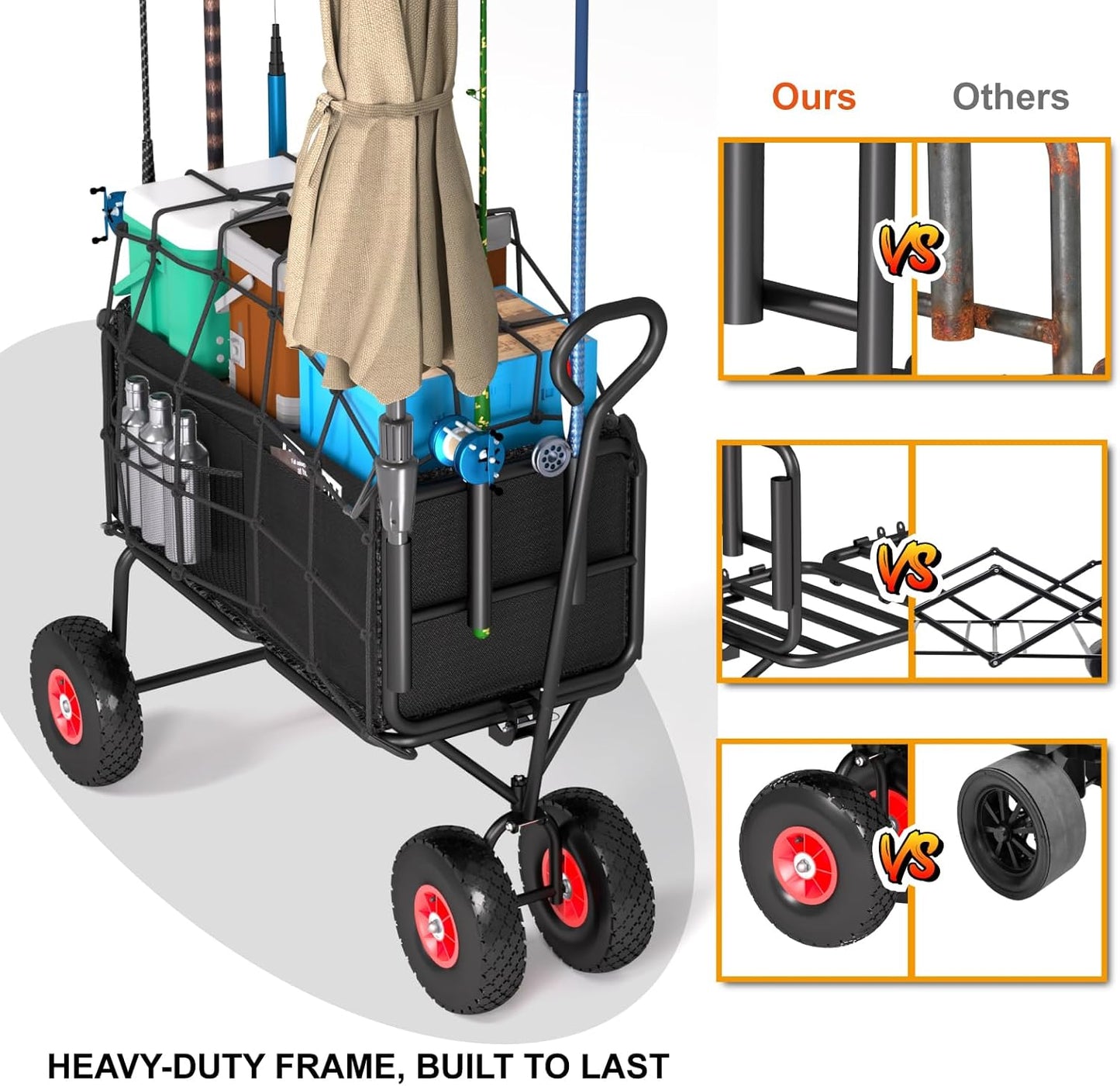 3 in 1 Beach Fishing Cart, Heavy Duty Garden Carts w/All Terrain Infla