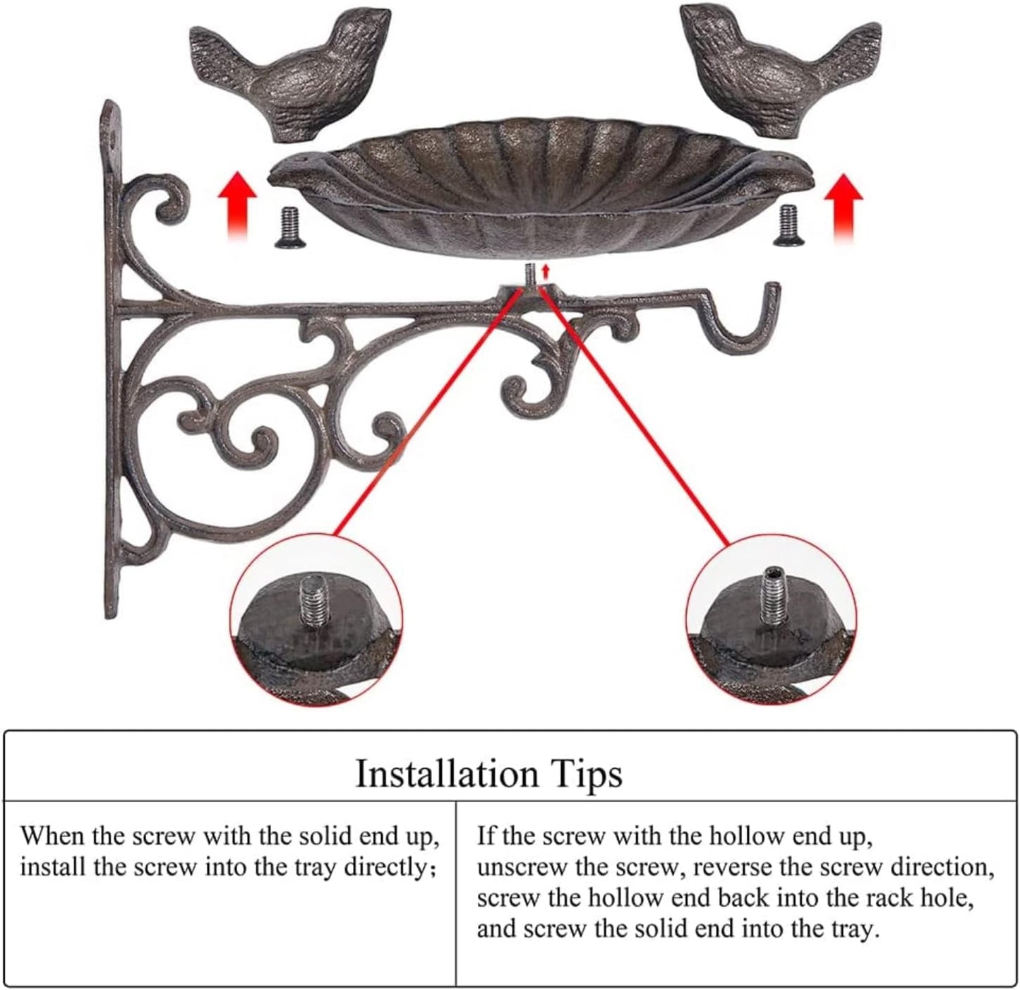 Sungmor Heavy Duty Cast Iron Bird Feeder with Hanging Bracket - Wall Mounted Bird Bath - Vintage & Lovely Birds Hanger Wall Hook for Planters, Lanterns, Wind Chimes and More Garden Decorative Items