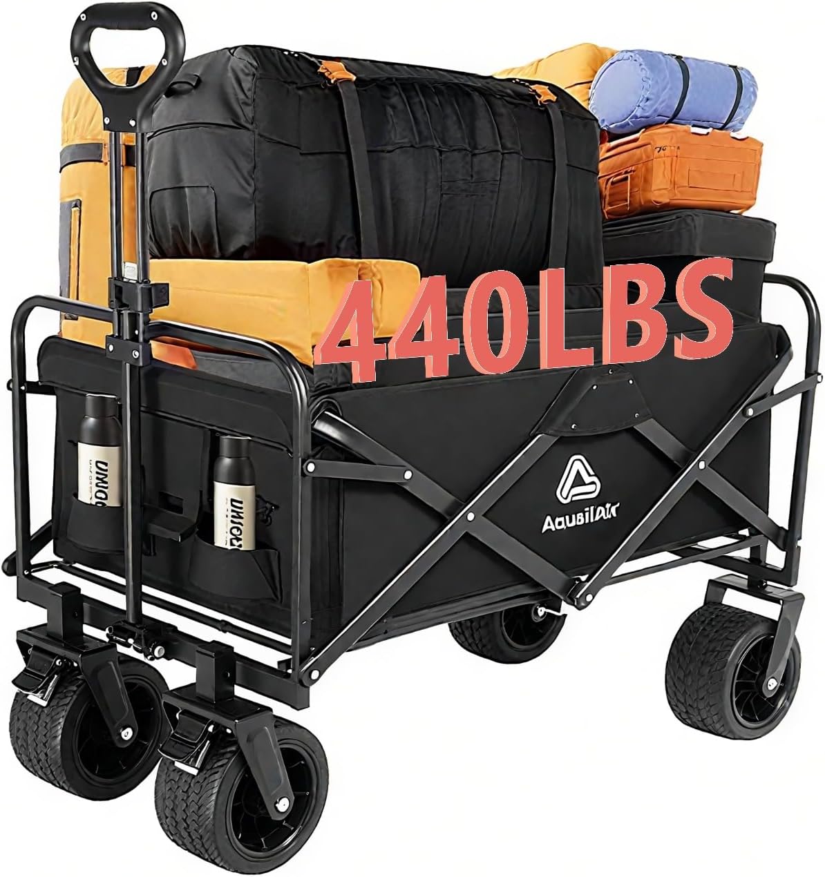 Collapsible Wagon with Wheels, 440 lbs Wagons Carts Foldable Wagon Cart with Flexible Handle, Lightweight Portable Folding Utility Grocery Shopping Cart for Grocery Sports Garden Camping