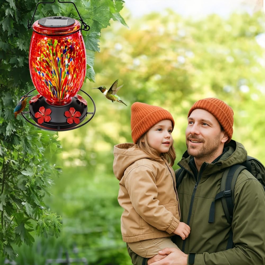 Solar Hummingbird Feeder for Outdoors Hanging Patio Designed 32 Ounces Colorful Hand Blown Glass Hummingbird Feeder 5 Feeding Ports with Perch Never Leak (Red)