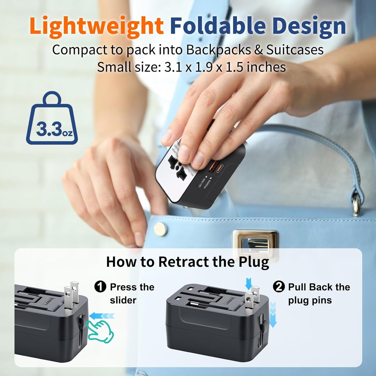 Travel Adapter Fast Charge, GaN Worldwide All in One Universal Travel 
