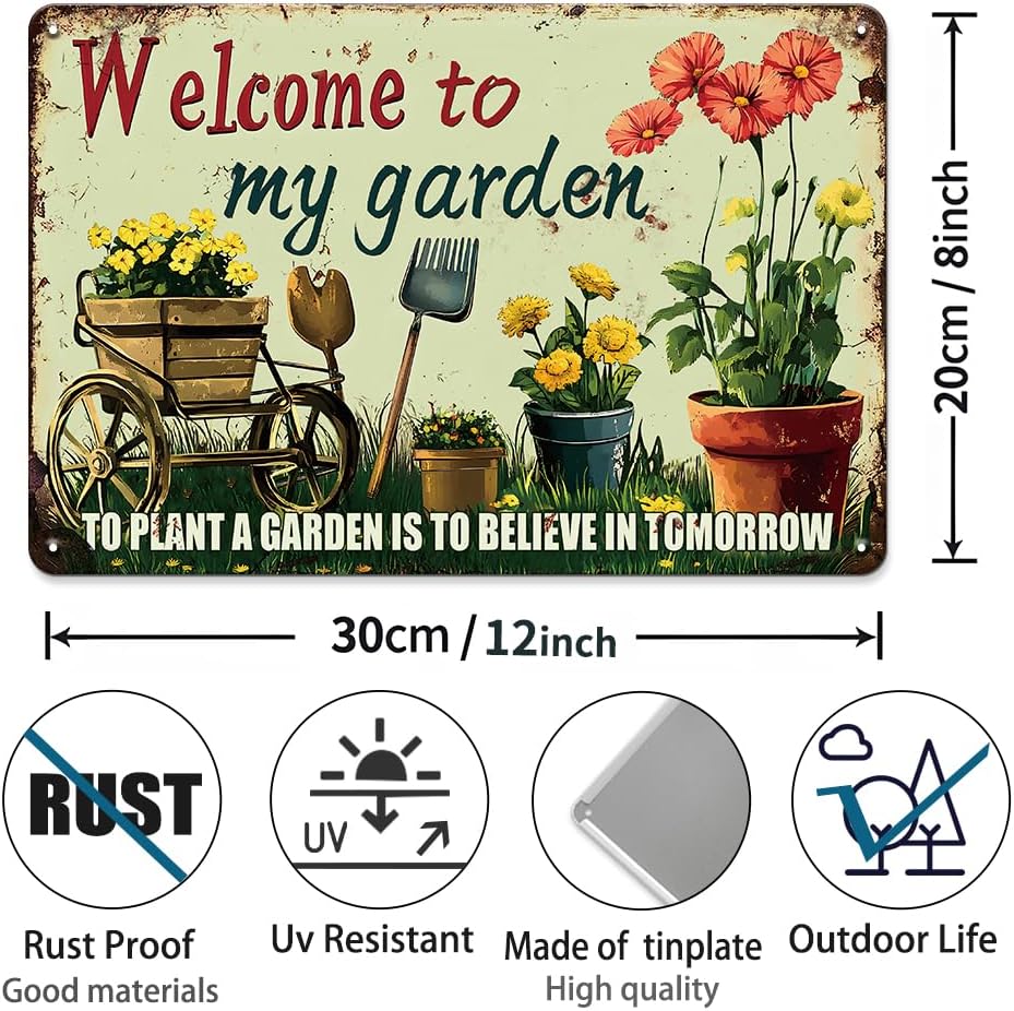 Welcome to My Garden Tin Sign Vintage Metal Sign Flowers and Tools Gardening Gifts Decorations for Home Greenhouse Living Room Bedroom Yard Backyard Outdoor Decor 8X12 Inch