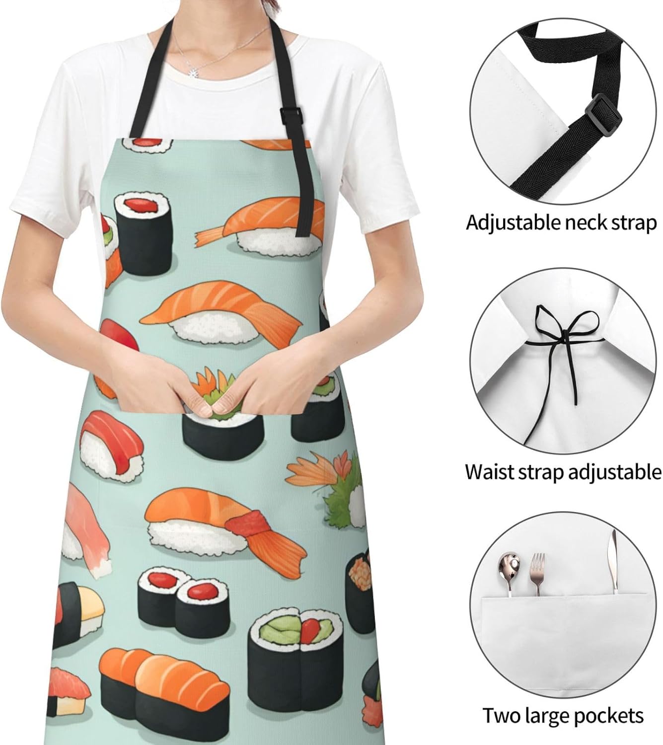 Delicious sushi print Waterproof chef's apron with pocket apron for kitchen cooking baking barbecue and gardening