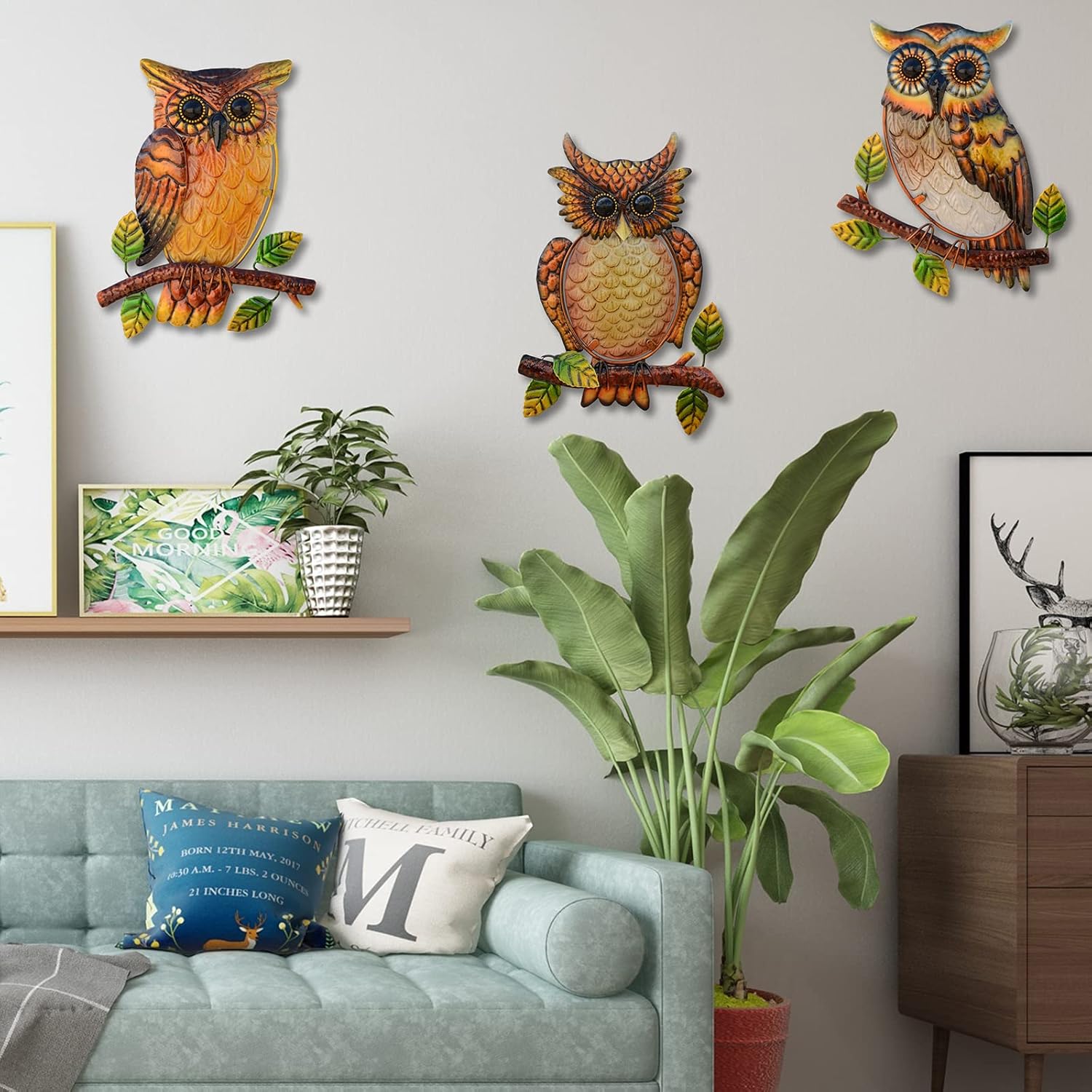 Owl Decor Metal Wall Art Outdoor Indoor,9 Inch Set of 3,Exquisite Owl 
