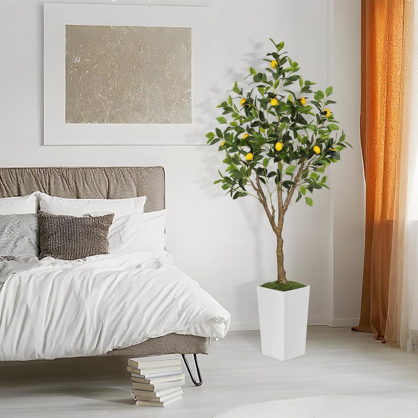 6FT Artificial Lemon Tree with Pot, Fake Lemon Tree with White Tall Planter, Faux Lemon Plant with Realistic Fruits and Silk Leaves, Artificial Plants Indoor for Home Office Kitchen Decor
