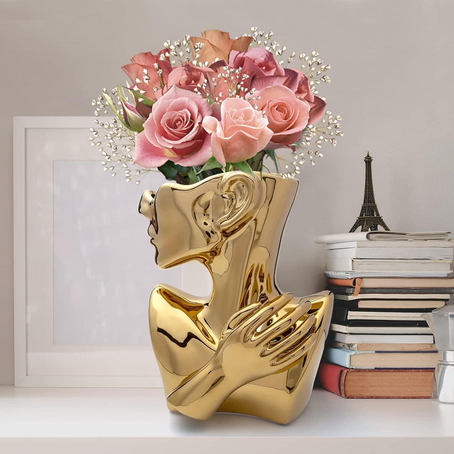 GDYOOSHOW Face Vases for Flowers Bust Planter Ceramic Head Vase Display Jewelry Rack Golden 9.84 Inches High Suitable for Placing on The Table or Shelf(Golden)