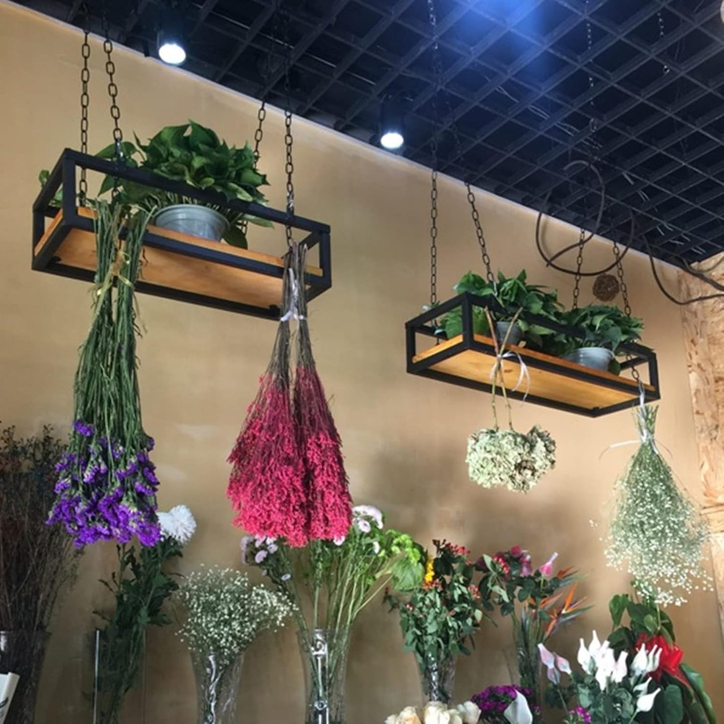 Creative Ceiling Shelf Plant Stand - Floating Flower Pot Rack, Wood & Metal Railing Shelf for Bar Decor, Indoor/Outdoor Display, 60x25x15cm, Perfect for Home & Garden