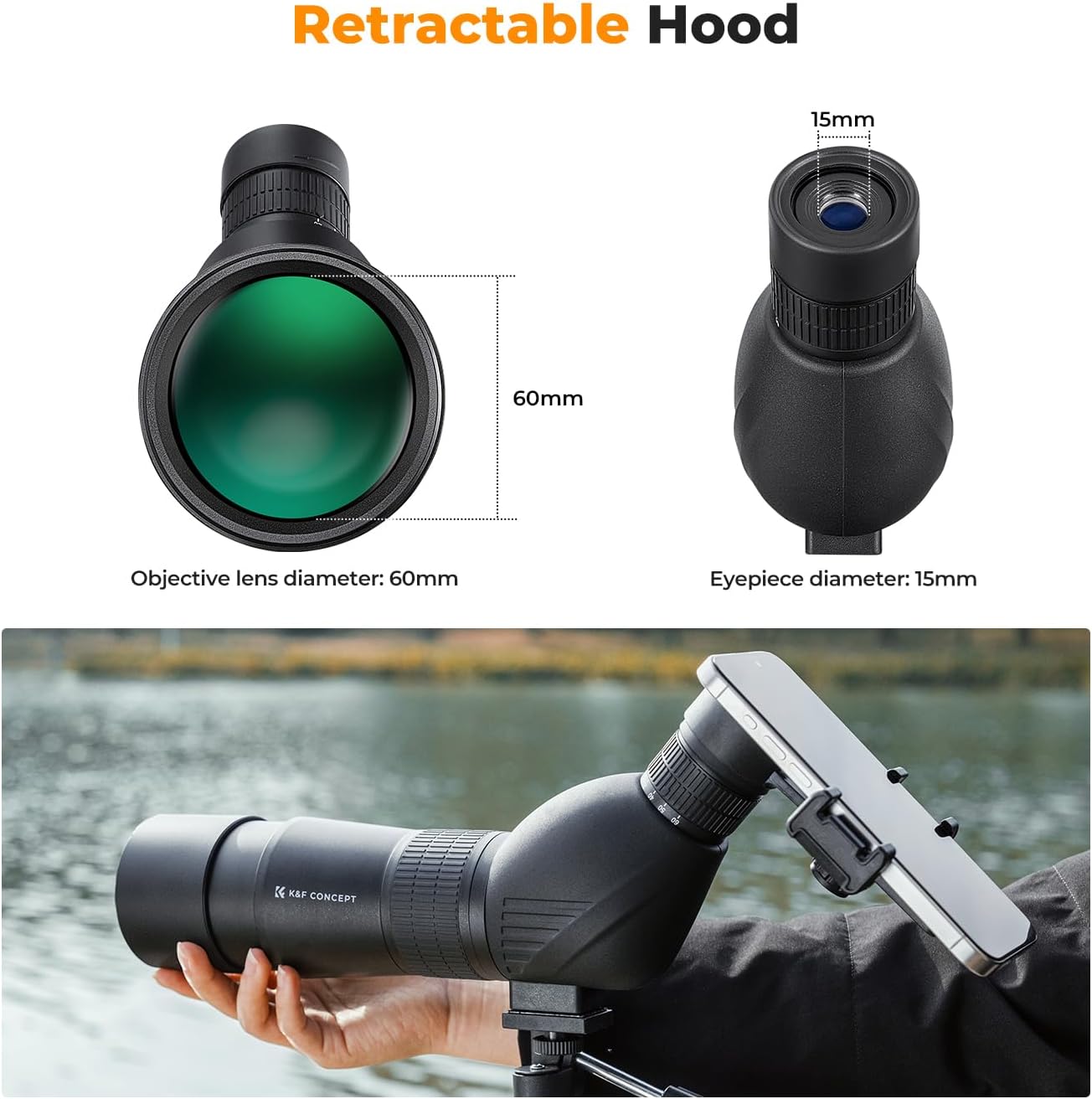 K&F Concept 20-60x60 Spotting Scopes for Target Shooting, Waterproof Spotter Scope with Tripod & Phone Adapter, 131-66ft/1000yds BAK4 45°Angled Eyepiece Range Scope for Bird Watching Wildlife Hunting