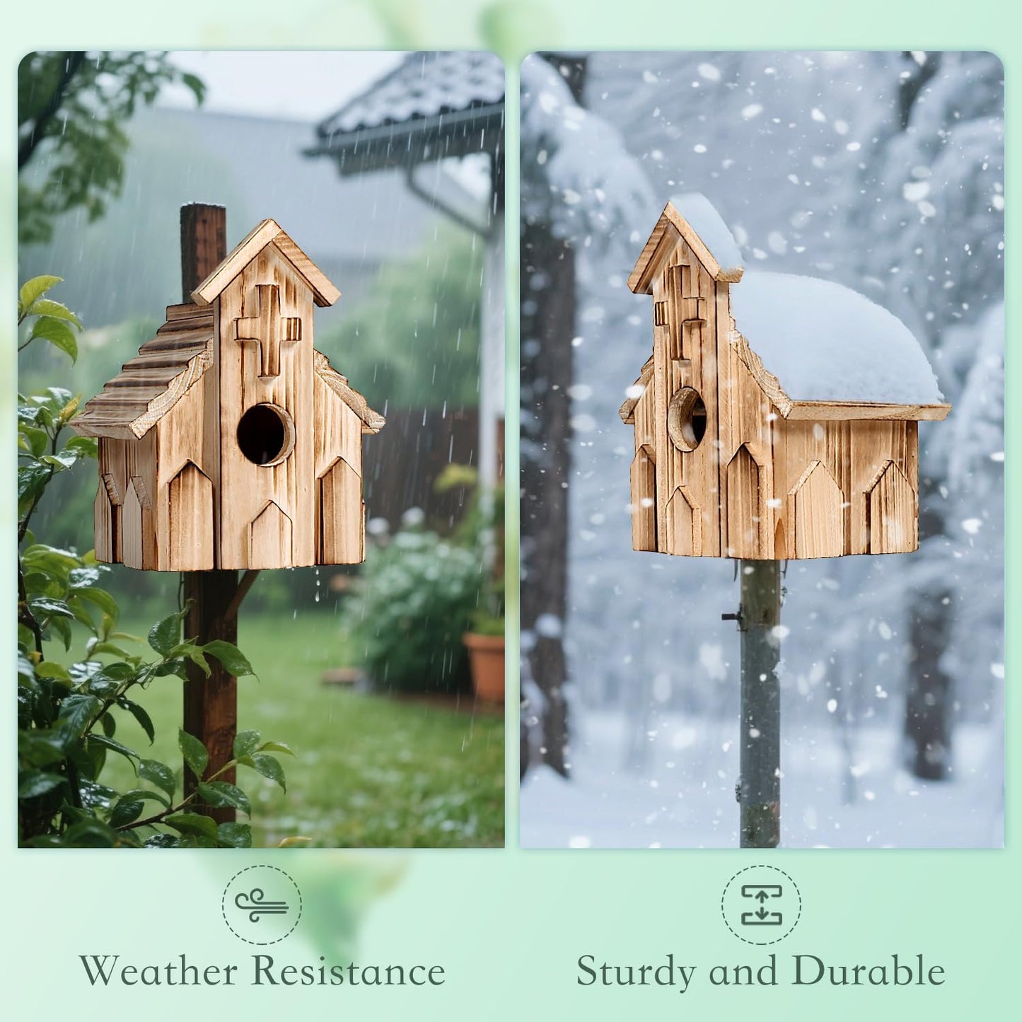 Church Birdhouse for Outside, Wooden Hanging Bird Houses, Weather-Resistant Garden Decor for Bluebird,Sparrow,Finch,Cardinal, Outdoor Bird Nest Box with Predator-Proof Entrance Hole