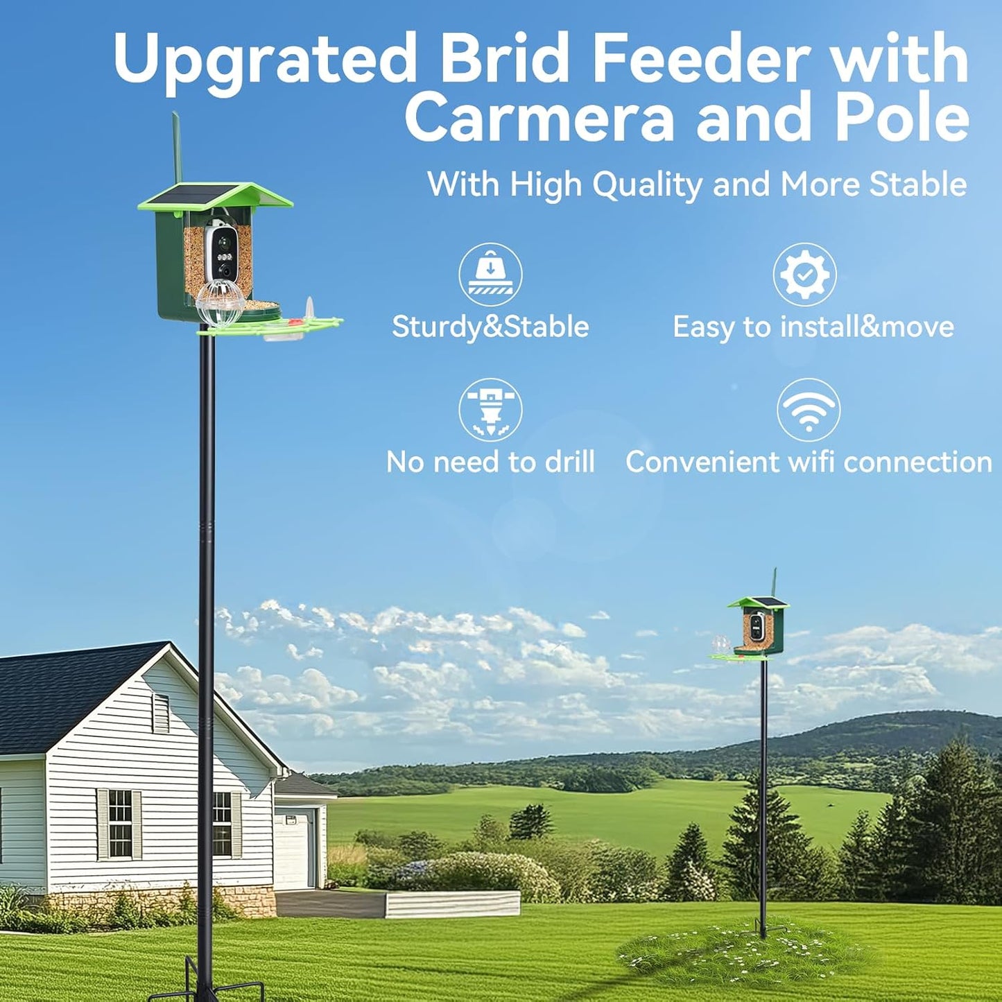 Bird Feeder with Camera and 75 Inch Pole&32GB SD Card, AI Birds Specie