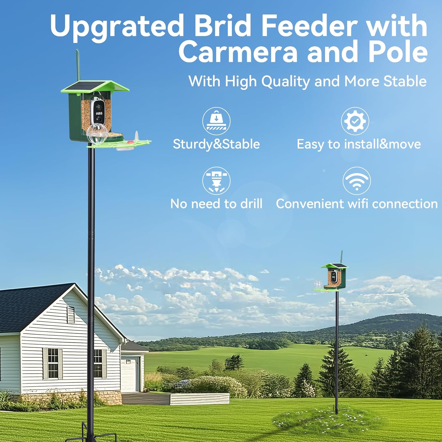 Bird Feeder with Camera and 75 Inch Pole&32GB SD Card, AI Birds Specie