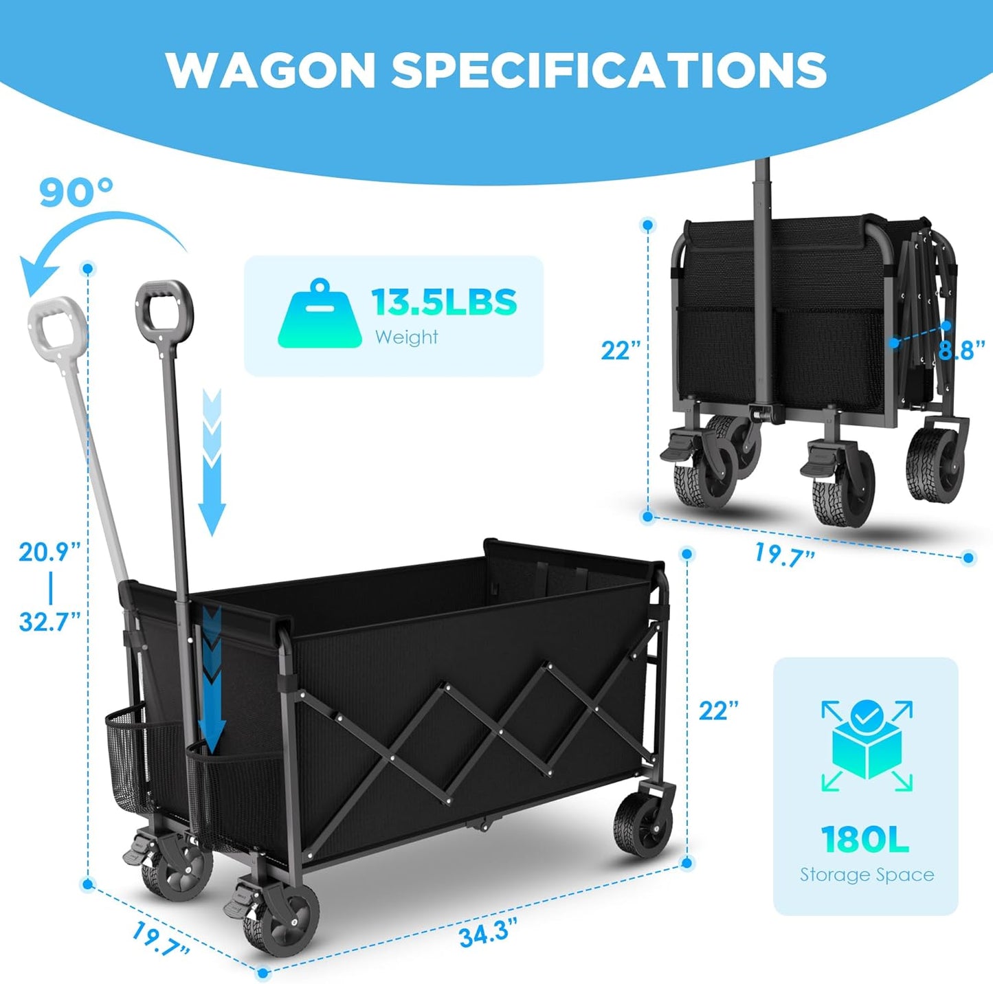 Wagons Carts Foldable, Beach Wagon with Brakes & All-Terrain Wheels 560LBS Capacity Collapsible Wagon for Trips, Outdoor Camping, Sports & Garden Use – Black
