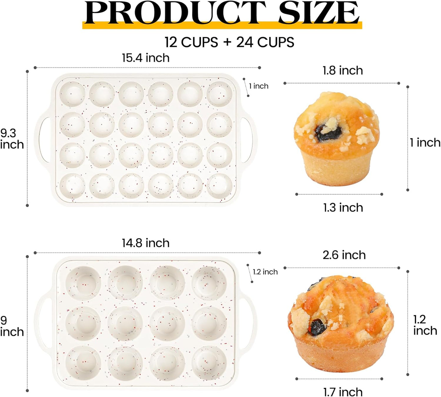 Regular 12 Cup and Mini 24 Cup Nonstick Cupcake Pan Set Silicone Muffin Pan for Baking Silicone Cupcake Mold with Metal Reinforced Frame BPA Free (2 Pcs, Cream)