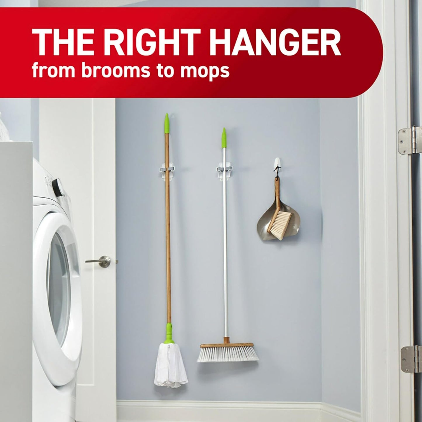Command Broom Grippers, 3 Hangers and 6 Strips, Damage-Free Mop and Broom Holder Wall Mount, Household Cleaning Tool Organizer for Kitchen, Laundry Room, Closet, Holds up to 4 lb