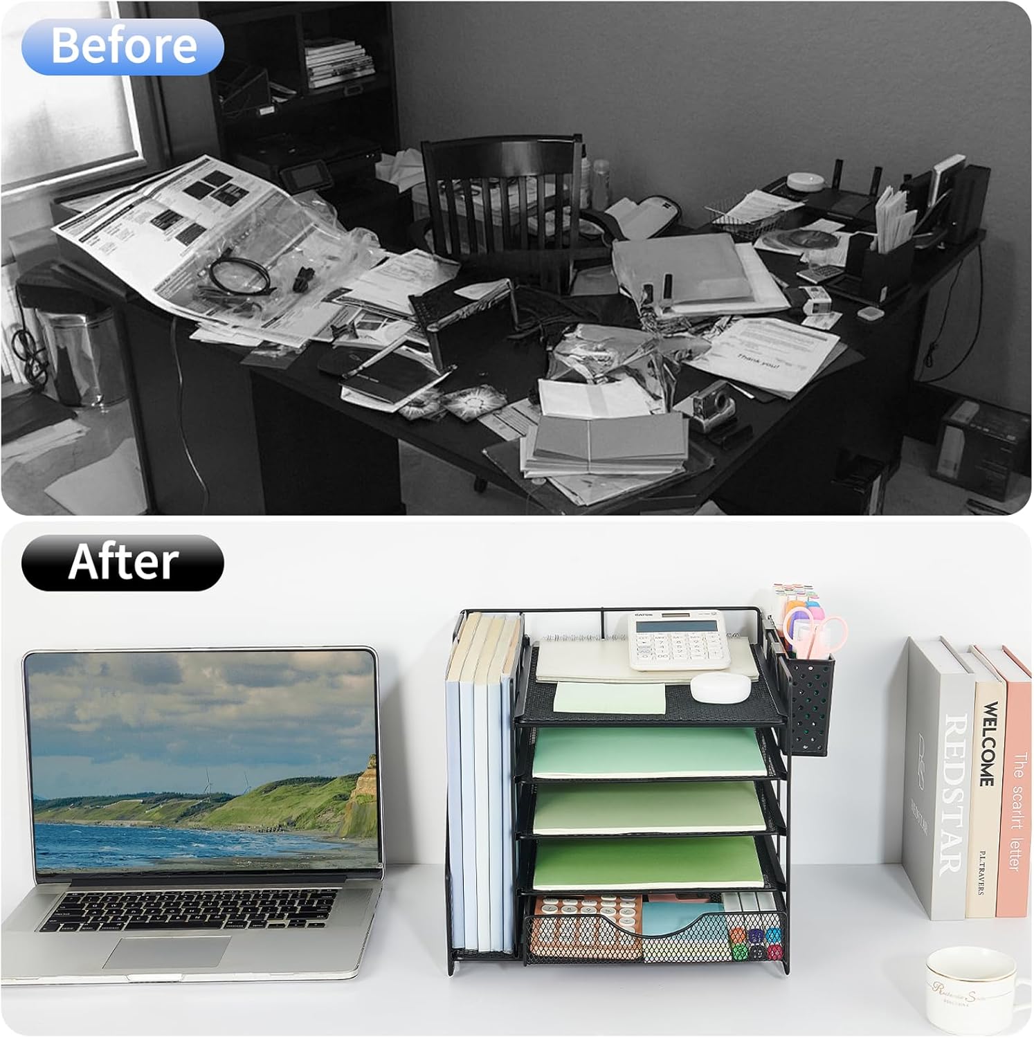 Desk Organizer with Drawer and Pen Holder, 5-Tier Paper Letter Tray Or