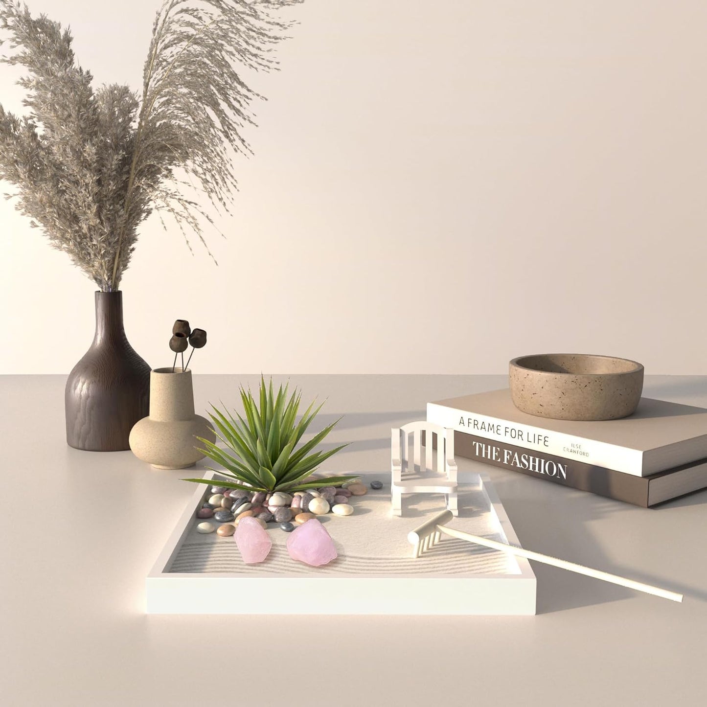 Zen Garden for Desk – White Modern Style with Healing Crystals and Sand Rake, Perfect for Home, Office, and Desktop Decor, Meditation and Stress Relief