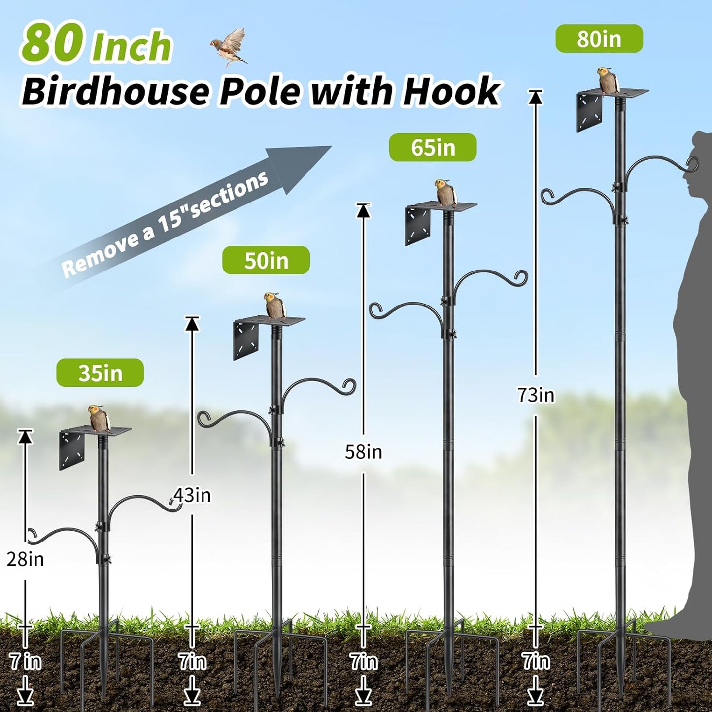 Bird Feeder Pole, 80 Inch Bird House Pole Stand for Outdoors Heavy Duty Metal Feeding Station Kit with 2 Hooks for Birdhouse & Pole Mount birdfeeders Outside, 1 Inch Diameter, 1 Pack