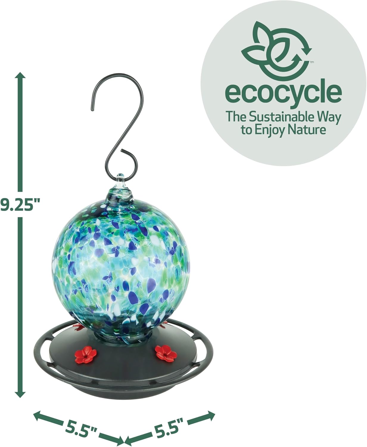 Garden Globe Handblown Recycled Glass Hummingbird Feeder for Outdoor Décor, 19 Ounce Capacity Nectar Feeder, 4 Removable Easy Clean Ports, Blue