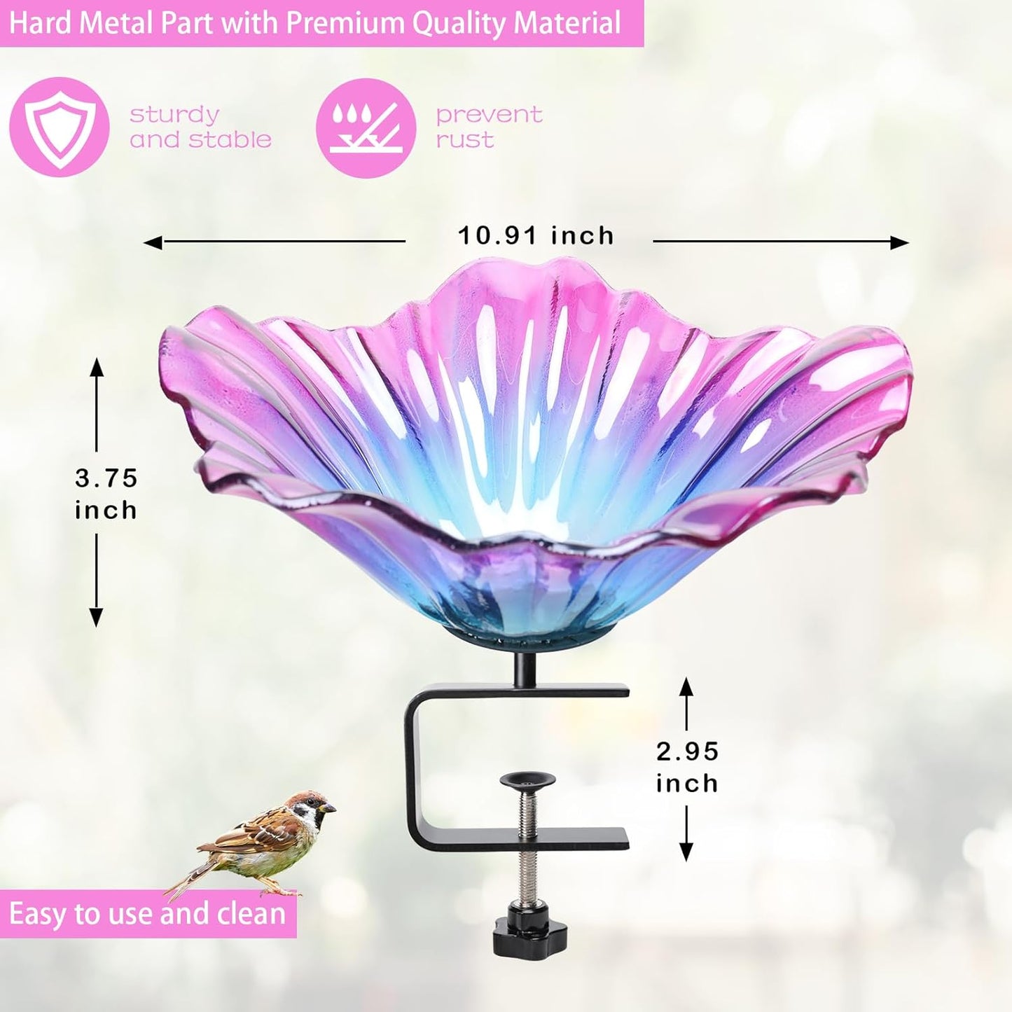 MUMTOP Deck Mounted Bird Baths for Outdoors, Glass Bird Baths Bowl with Adjustable Sturdy Steel Fence Clamp for Garden Patio Lawn Yard Deck Balcony Railing, Purple
