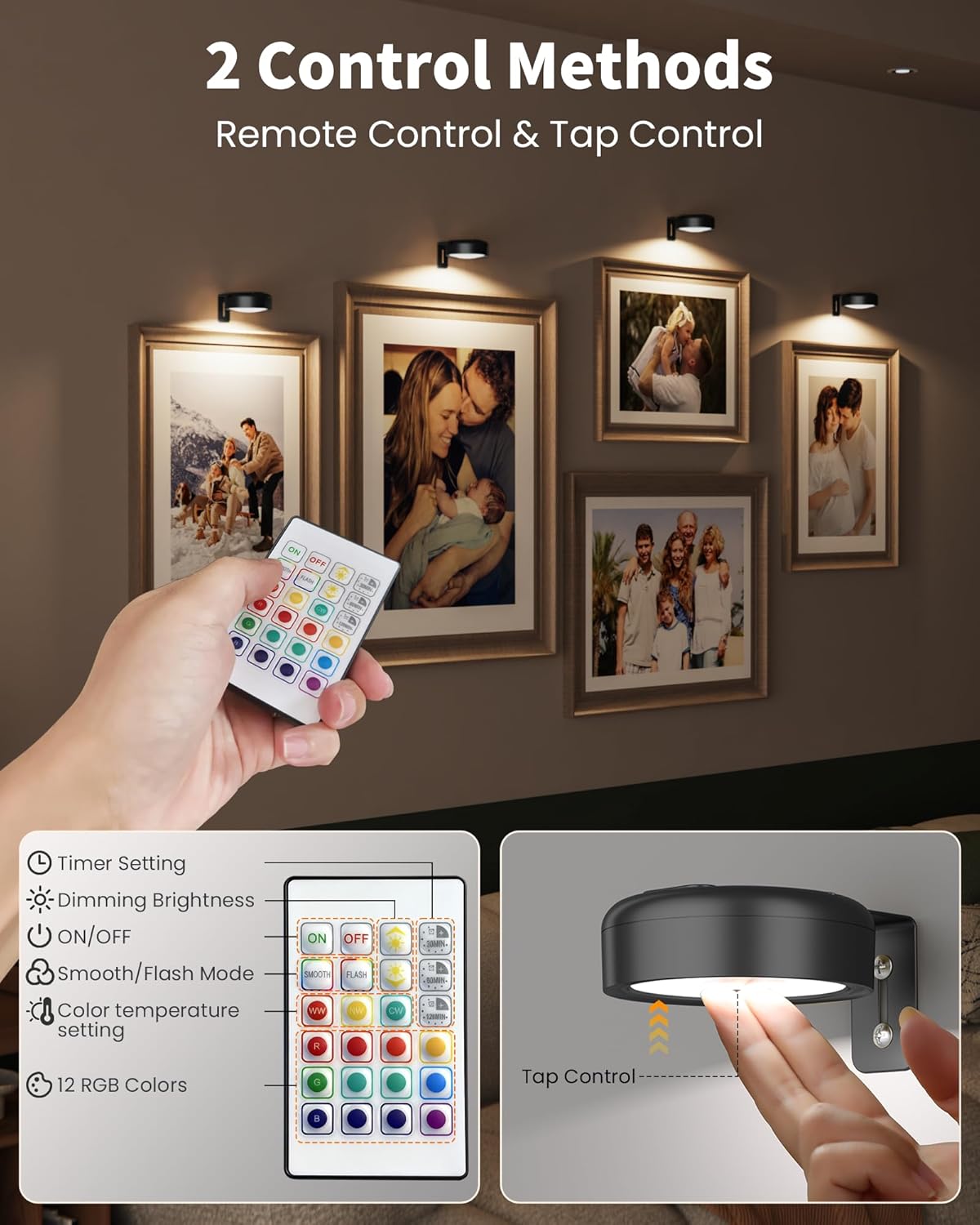 3 Pack Picture Lights for Wall,Wireless 2000mAh Rechargeable Magnetic LED Puck Lights with Remote,3 Color Temps and 12 RGB,Dimming & Timer,Art Frame Light for Painting Display,Photos,Wall Decor