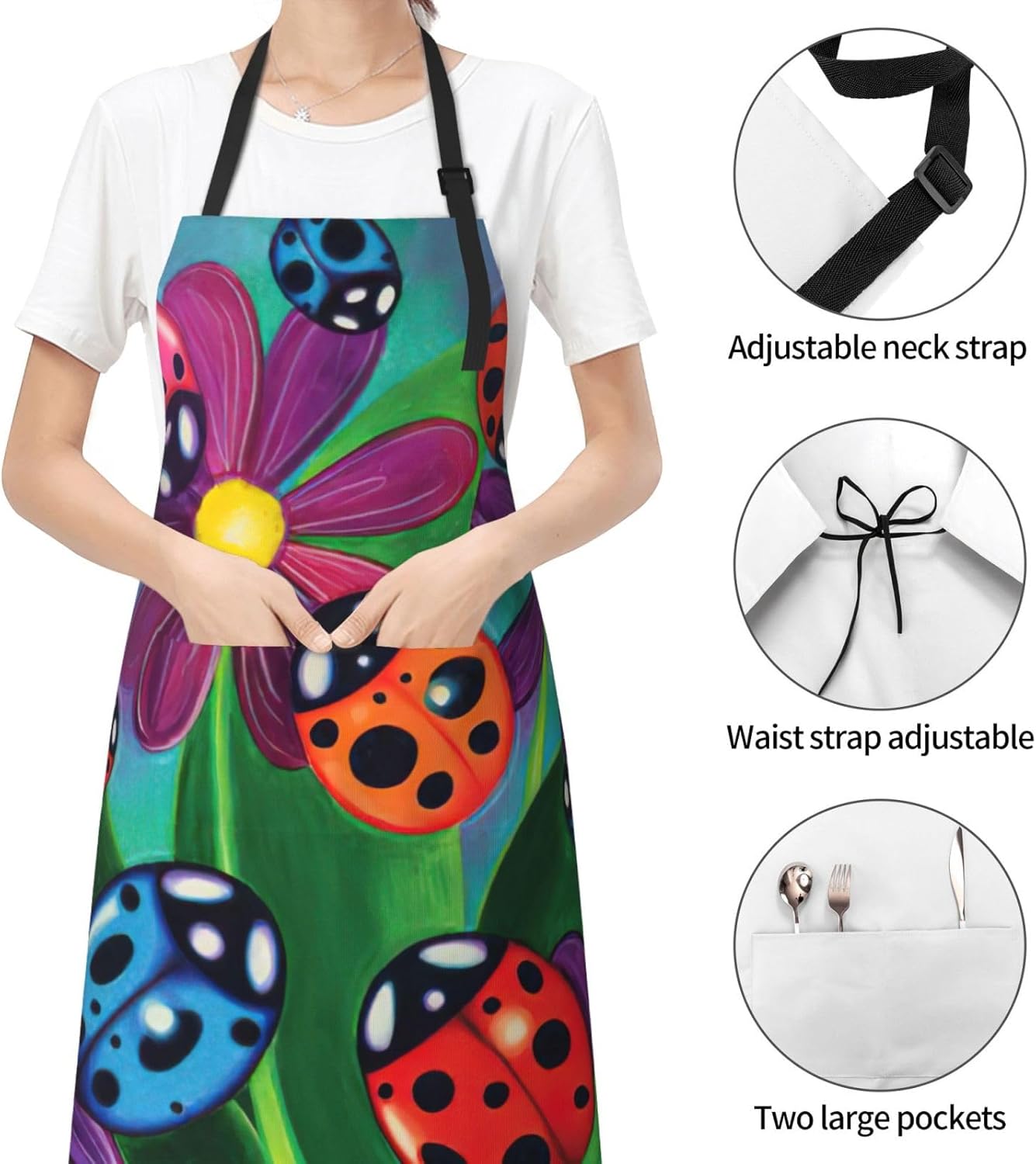 Colorful Ladybird Print Laundry apron 28x33 In Waterproof Kitchen Apron with Pockets for Cooking Baking