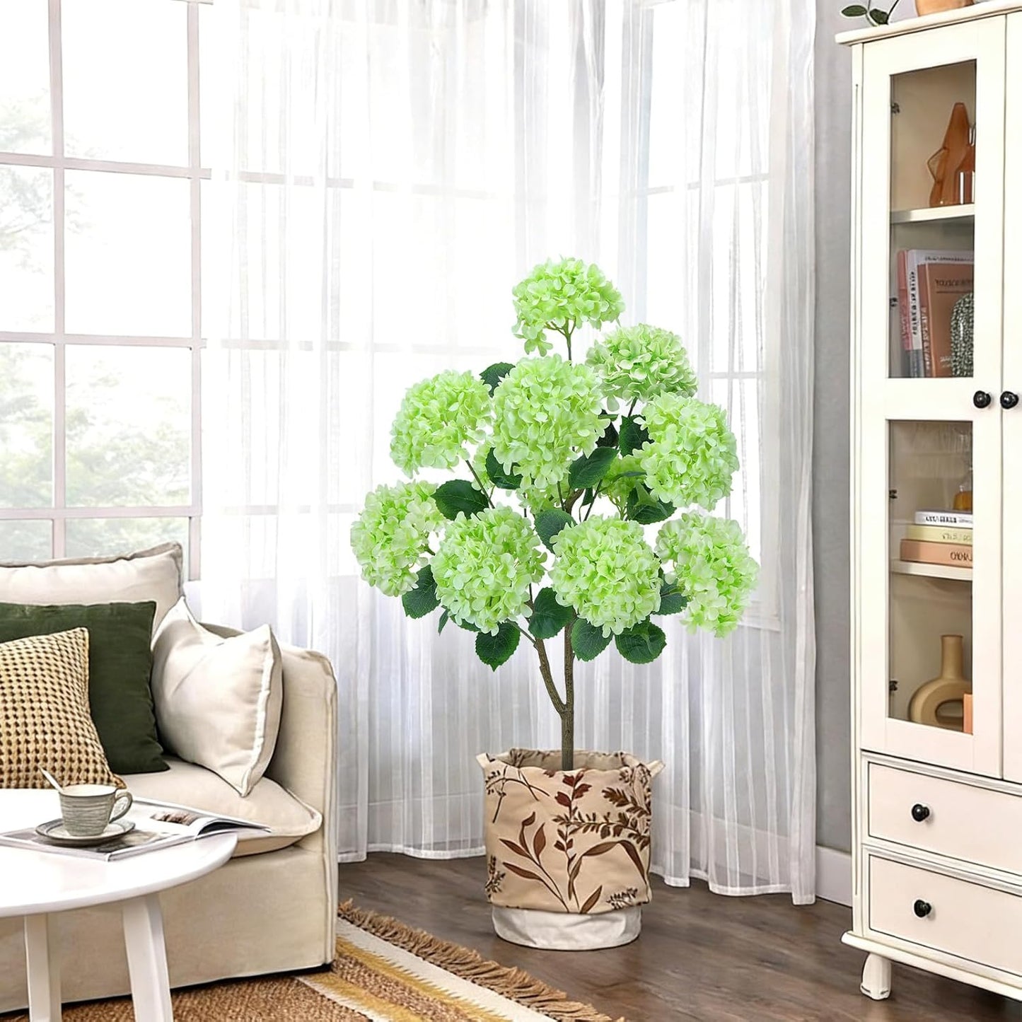GTIDEA Faux Hydrangea Tree, 47.2 Inch Hydrangea Tree Artificial with Green Flowers, UV Resistant Outdoor Hydrangea Artificial Plants in White Pot for Indoor Outdoor Home Porch Decor (2 Pack)