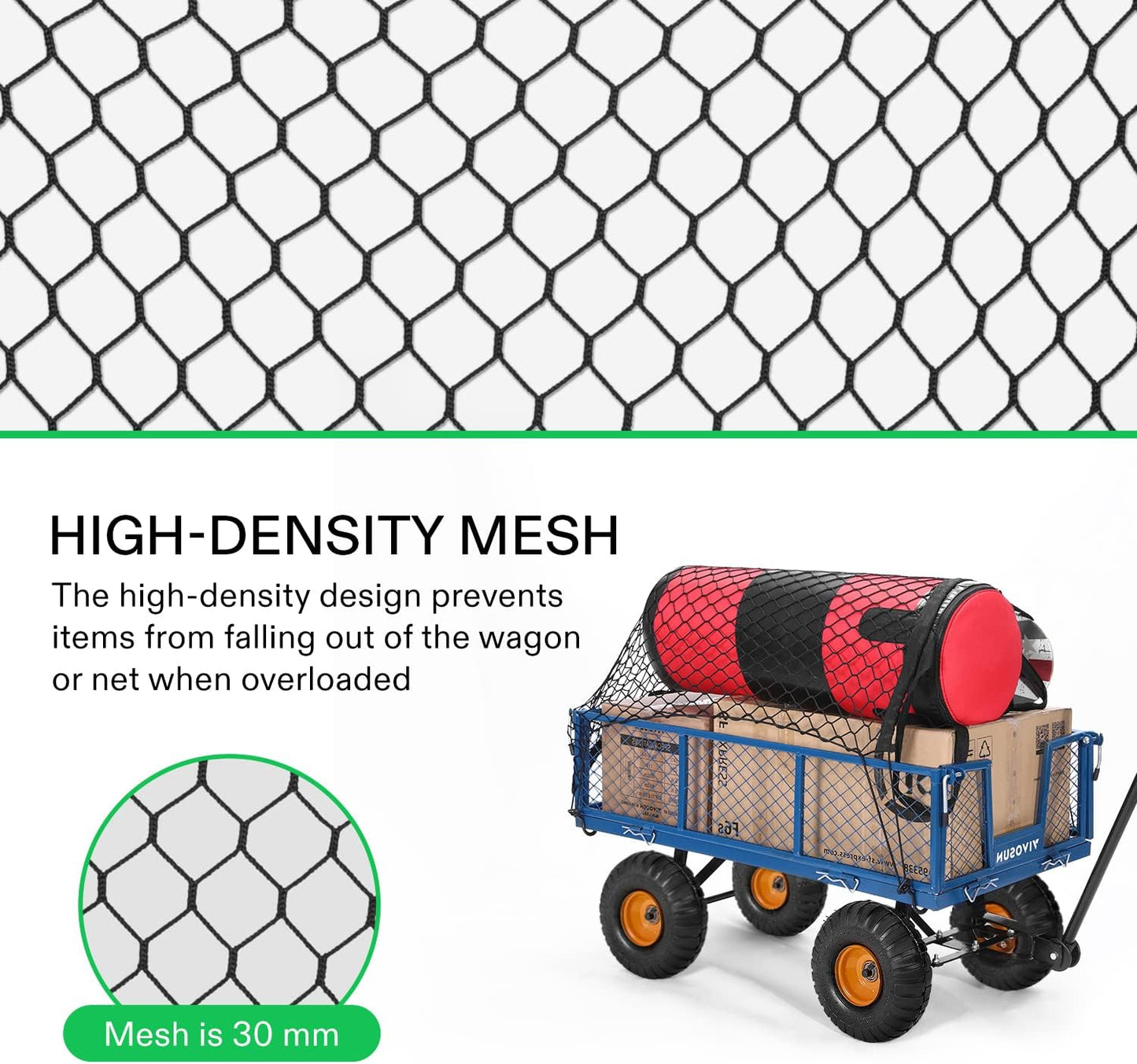 VIVOSUN Cargo Net for Garden Wagon, 36" X 30" Heavy Duty Nylon Netting with Storage Bag for Folding Wagon, Beach Cart, Garden Cart, Trolley Cart, Black