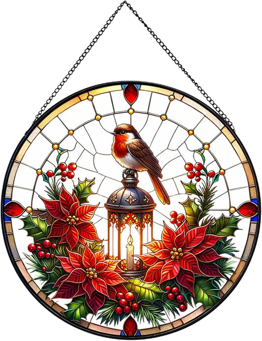 A Robin on lamp Post Stained Glass Window Hanging, Red Bird Memorial Suncatcher,Hummingbird Suncatcher for Women,Cardinal Gifts for Mom Grandma 7.87"