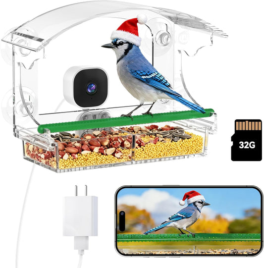 Dzees Window Bird Feeder with Camera, 2K HD Live Stream & AI Bird Identification, Smart Bird Feeder for Window Mount, Auto-Capture, 2.4GHz WiFi, Strong Suction Cup Installation, Gift for Bird Lovers