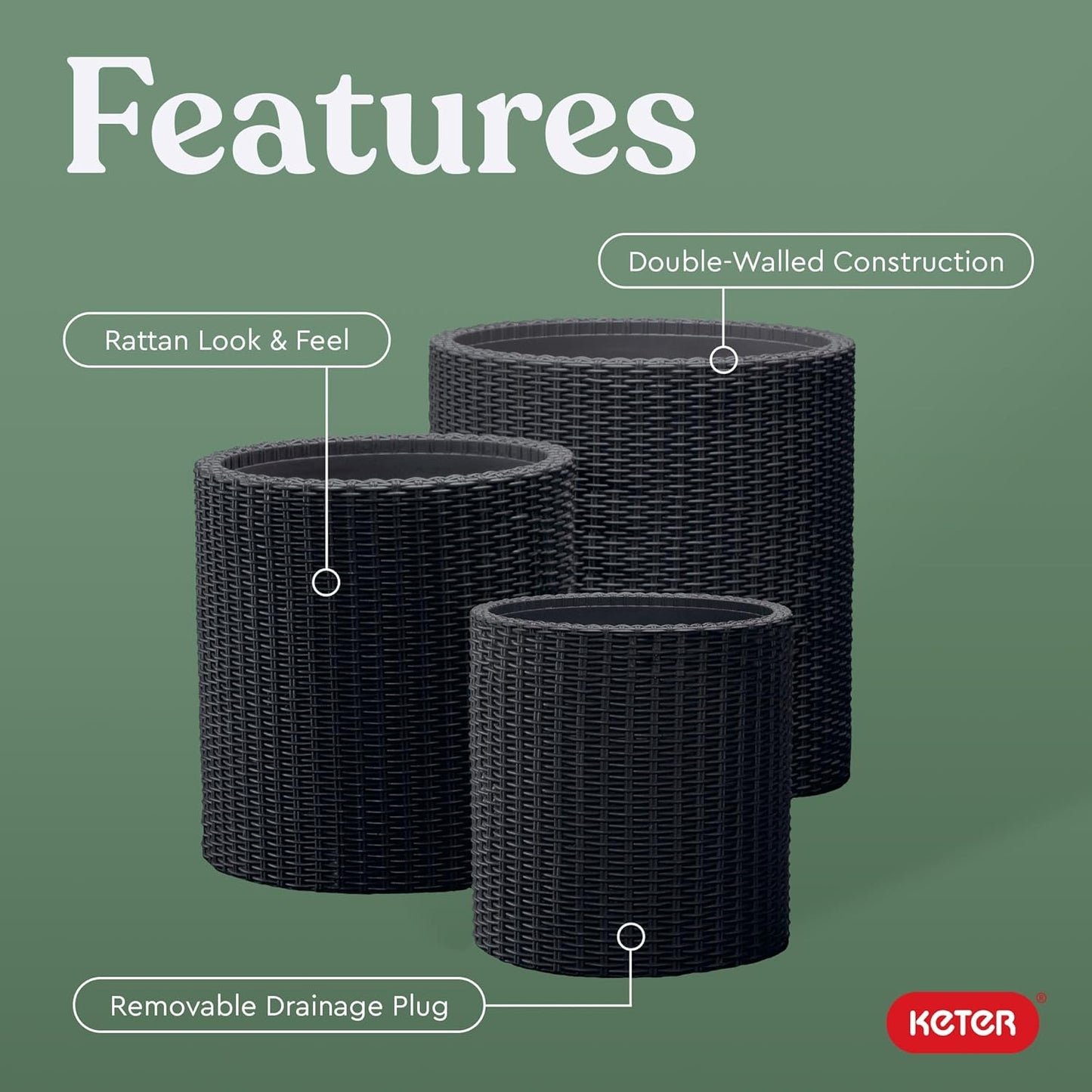 Keter Cylinder Set of 3 Rattan Resin Planter for Indoor and Outdoor Pl