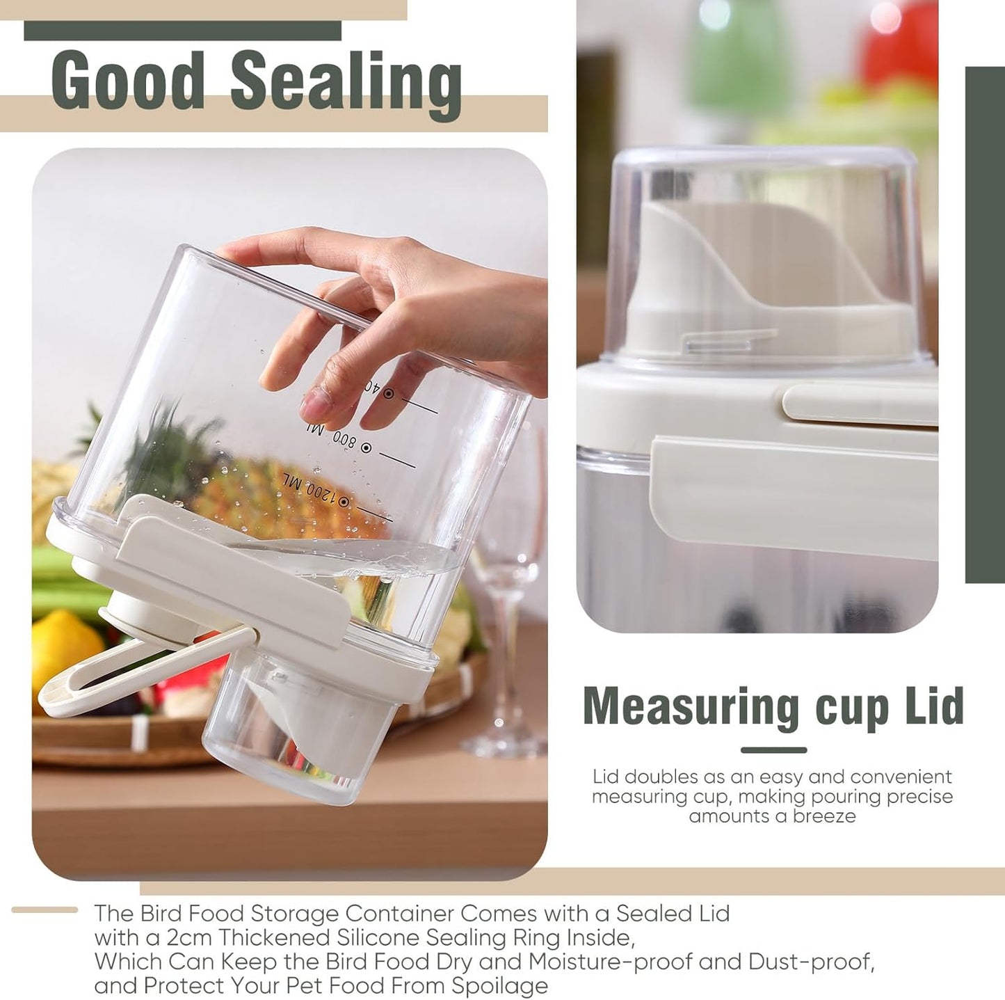 Maxdot 2 Pcs Bird Seed Storage Container 1.7 Qt/1.6 L with Tight Lids Airtight Cup Pet Food Storage Measuring Containers Lids with Pouring Spouts for Macaws African Grey Cockatoos(Beige)