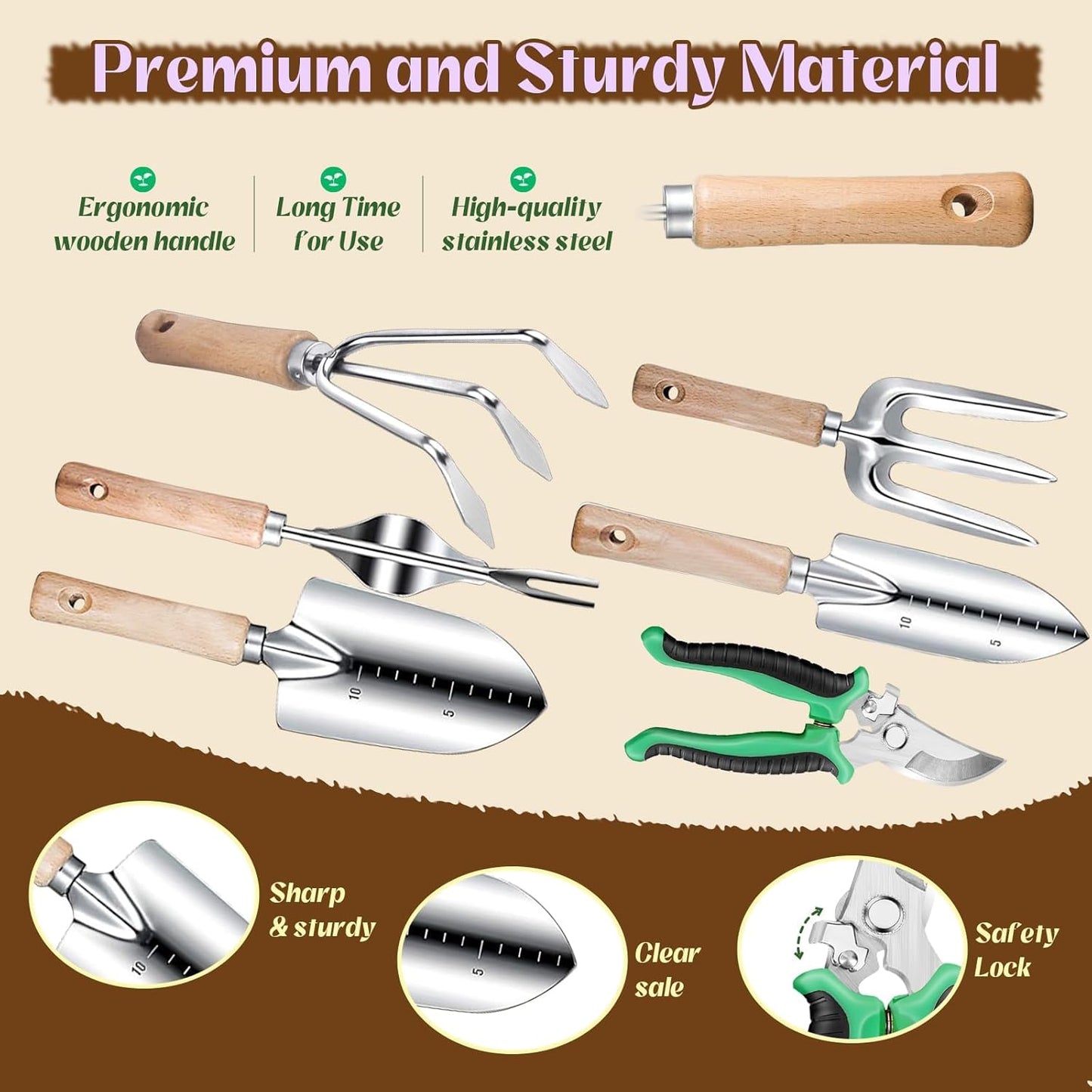 Gardening Tools 9-Piece Heavy-Duty Garden Tools Set, Stainless Steel G