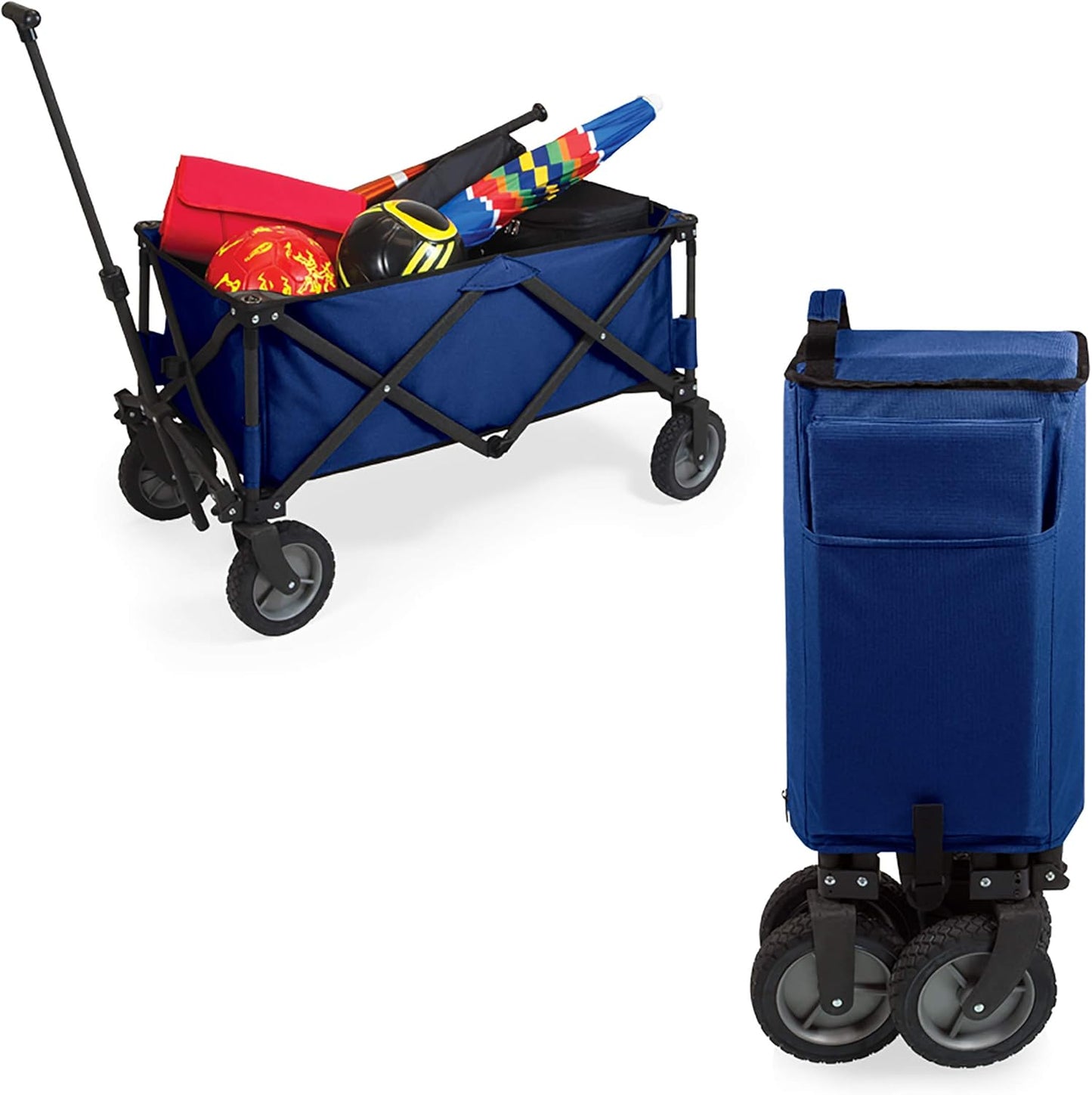 PICNIC TIME Adventure Collapsible Folding Wagon, Outdoor Collapsible Wagon, Portable Cart with Wheels, All-Terrain Trolly Cart with Storage Cover and Handle, Supports 225 lbs, (Navy Blue)