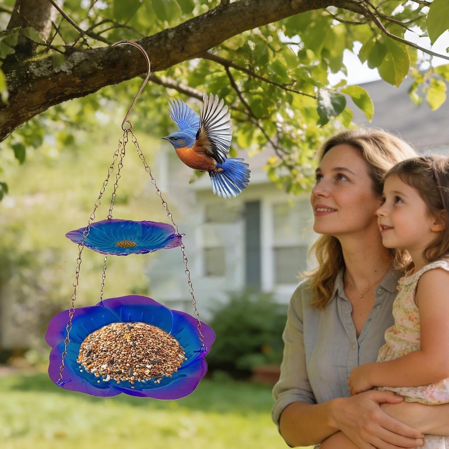 Wild Bird Feeders, Weatherproof Flower-Shaped Metal Double-Layer Tray, Durable Outdoor Bird Feeder for Food and Water, Easy Viewing and Watching, Suitable for Finches, Parrots, Pet Birds, Aviary