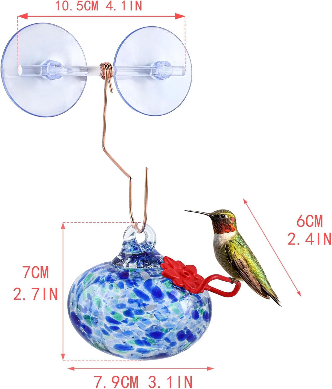 3inch Blown Glass Hummingbird Feeder with Suction Cups for Outdoor Glass Humming Bird Feeders with Hooks Garden Patio Decoration Gifts for Bird Lovers